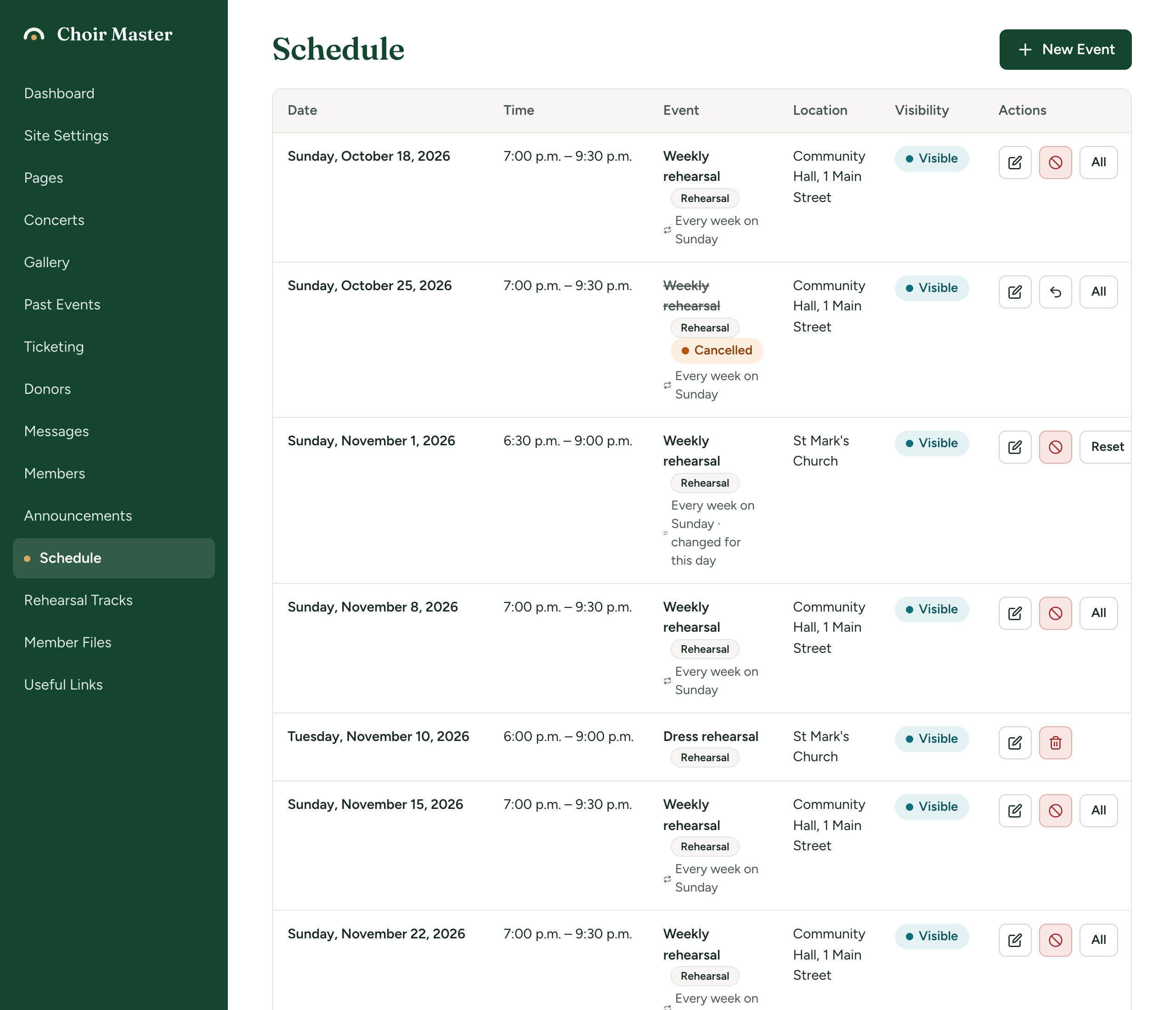 The Schedule table in the admin panel with a mix of one-off events and days of a weekly rehearsal, showing date, time, event, location and visibility