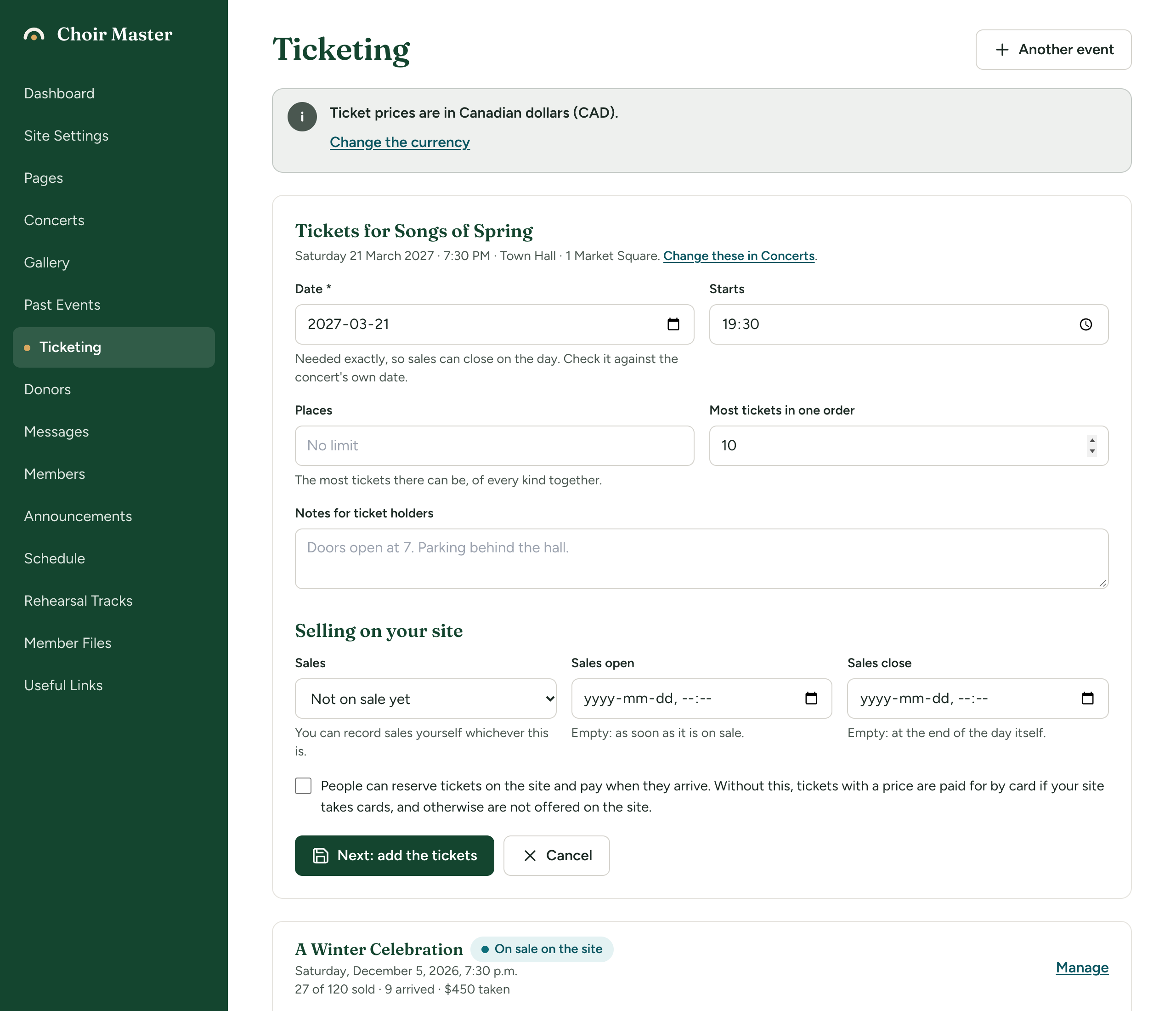 The form headed 'Tickets for Winter Concert' in Ticketing, with Date, Starts, Places, Most tickets in one order and Notes for ticket holders, then the 'Selling on your site' section with Sales, Sales open, Sales close and the reserve-and-pay-on-arrival tick box
