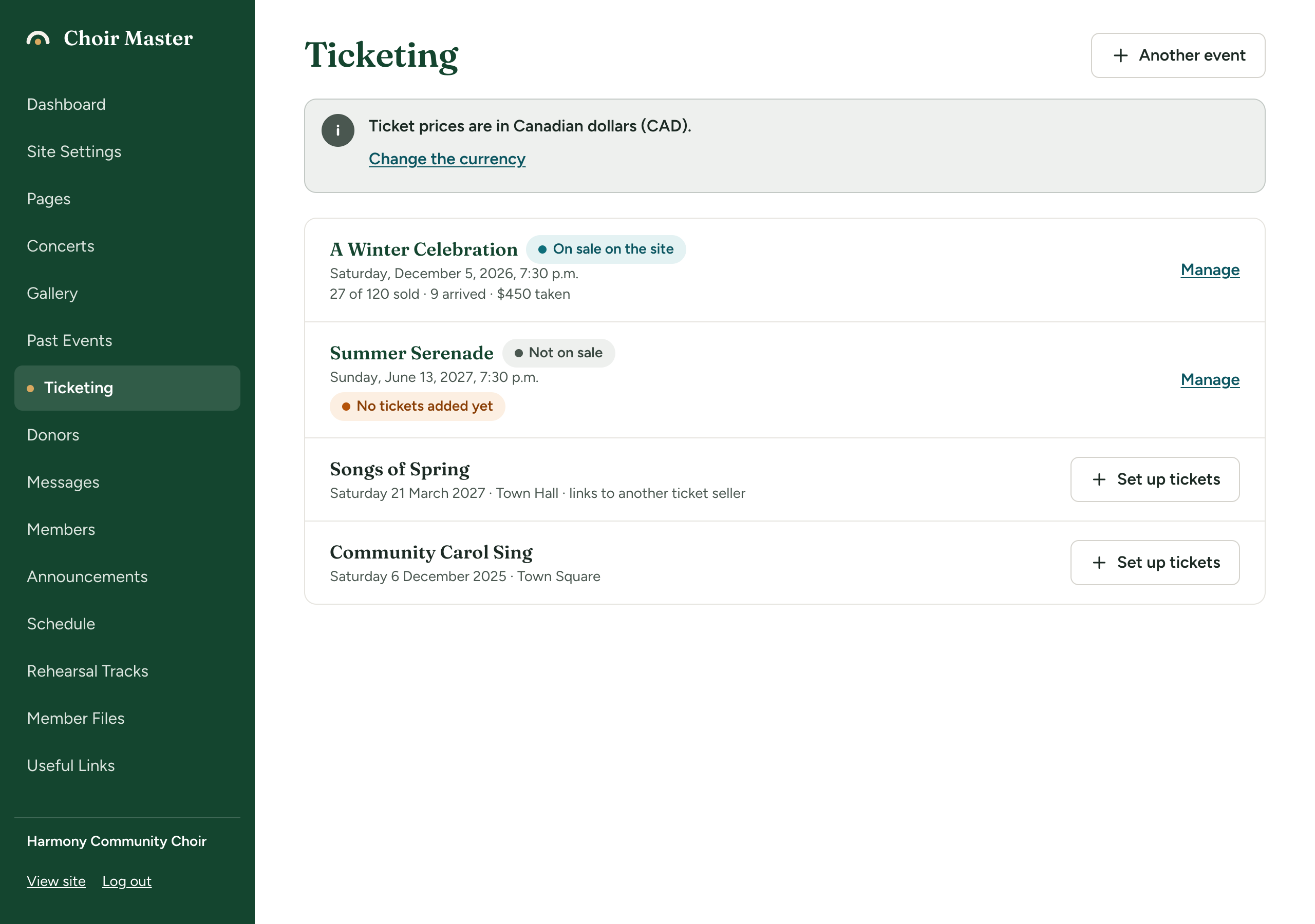 The Ticketing page of the admin panel: the currency banner at the top, then a list with one concert on sale, one with the label 'No tickets added yet', and one concert with a 'Set up tickets' button