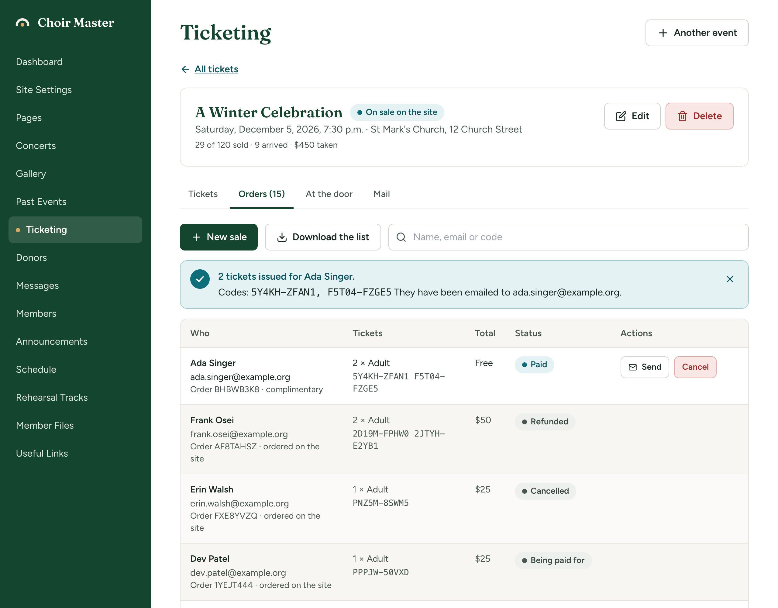 The Orders tab after a sale, with a banner reading '2 tickets issued for Ada Singer', the two ticket codes, and a line saying they have been emailed to her address