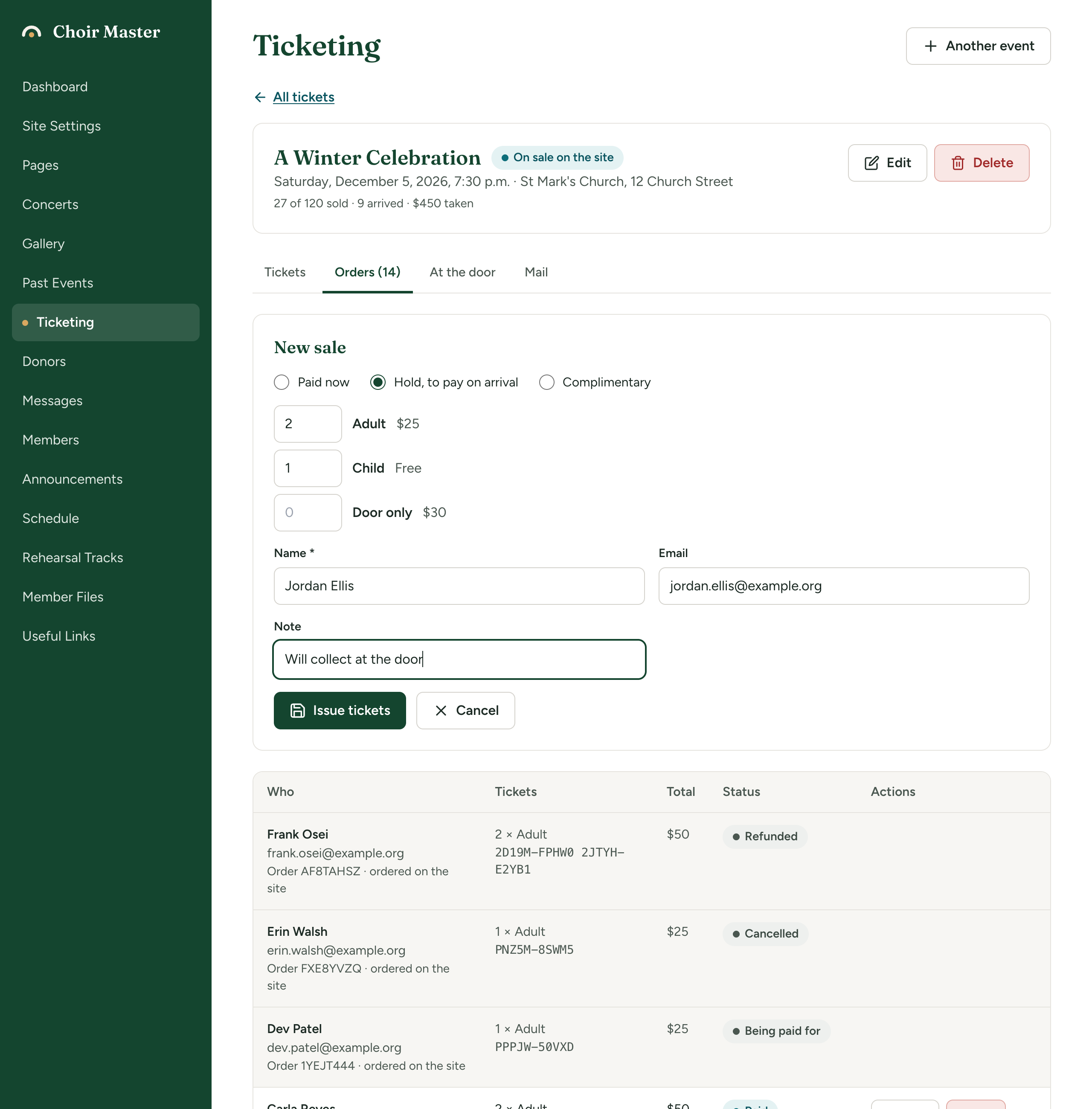 The New sale form on a concert's Orders tab with 'Hold, to pay on arrival' chosen: quantity boxes beside each ticket type with its price, then Name marked as required, Email and Note, and the button 'Issue tickets'