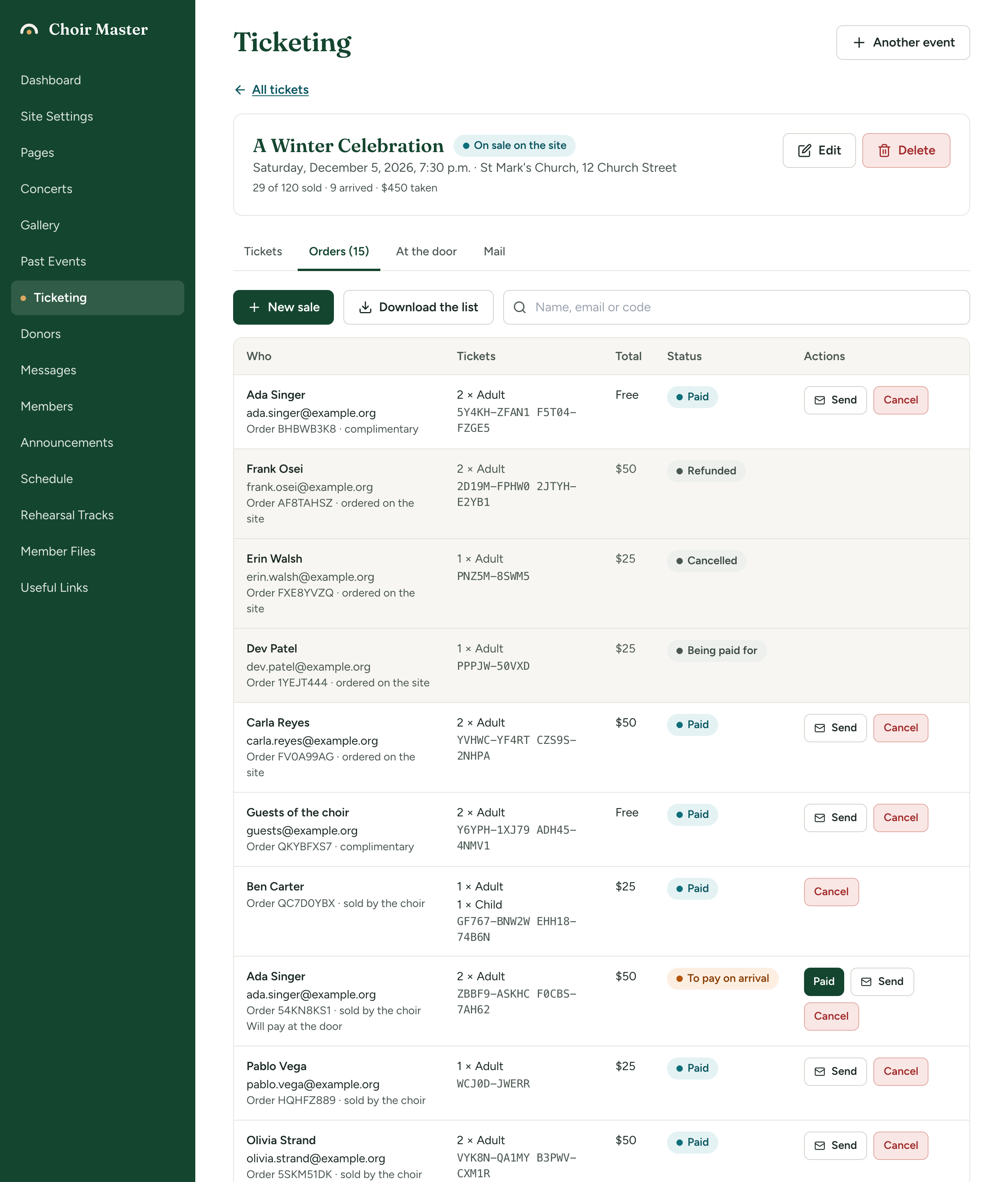 A concert's Orders tab: the New sale and Download the list buttons, a search box, and a table of orders showing each status (Paid, To pay on arrival, Being paid for, Cancelled, Refunded) and each source, with Paid, Send and Cancel buttons