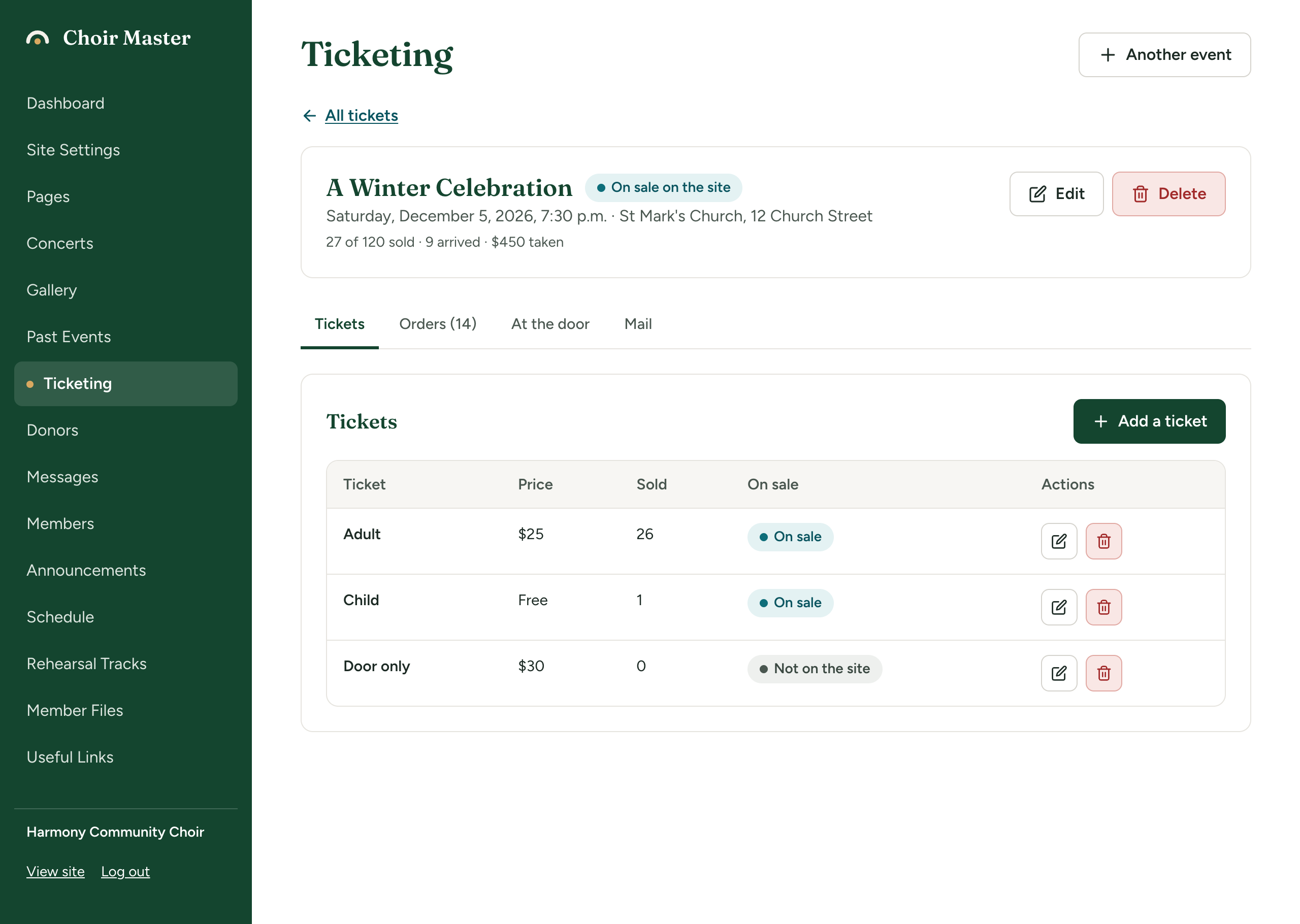 A concert's Tickets tab in Ticketing: a table with three ticket types, Adult at a price marked 'On sale', Child marked 'Free', and Door only marked 'Not on the site', with columns for Ticket, Price, Sold, On sale and Actions