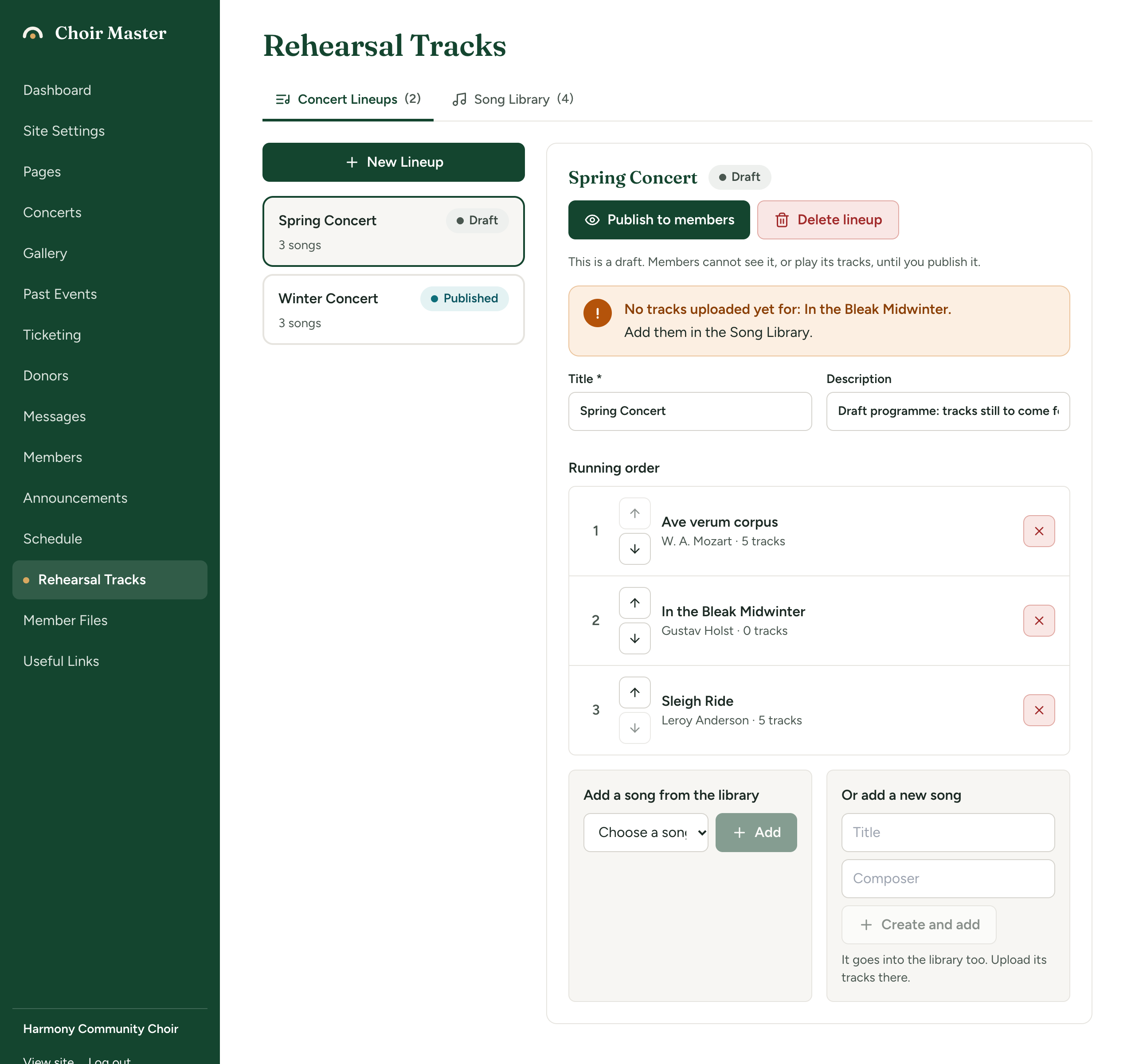 A draft lineup open in Concert Lineups, with a numbered running order, a warning headed No tracks uploaded yet for, and the boxes Add a song from the library and Or add a new song