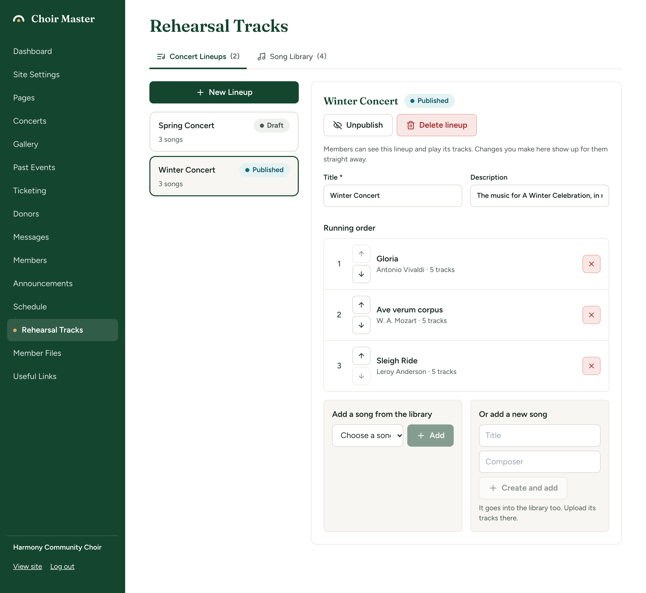 A published lineup open in Concert Lineups, marked Published, with the Unpublish button and the line saying members can see it and play its tracks