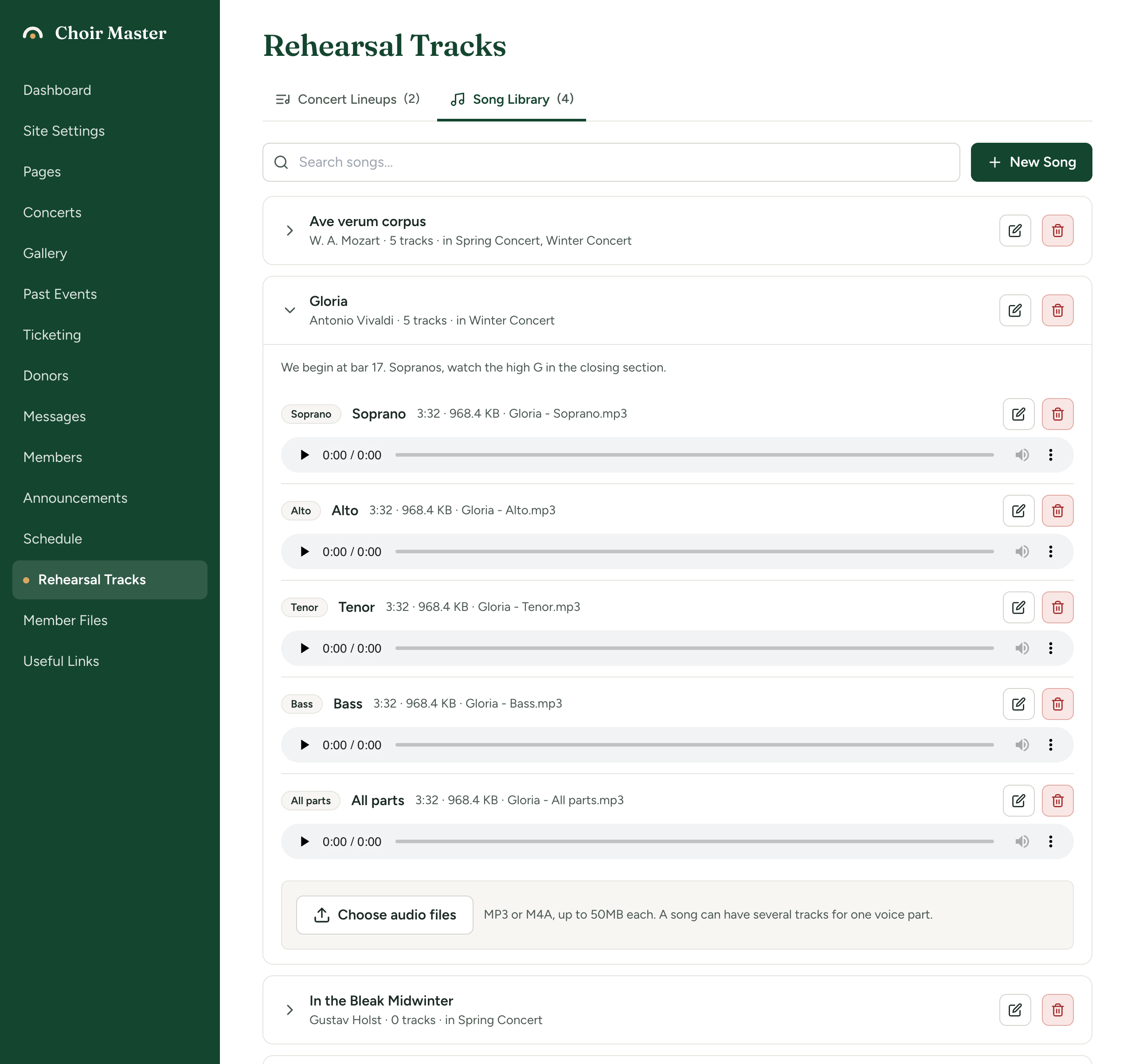 The Song Library with one song opened, showing a track with a player for each voice part and the Choose audio files button