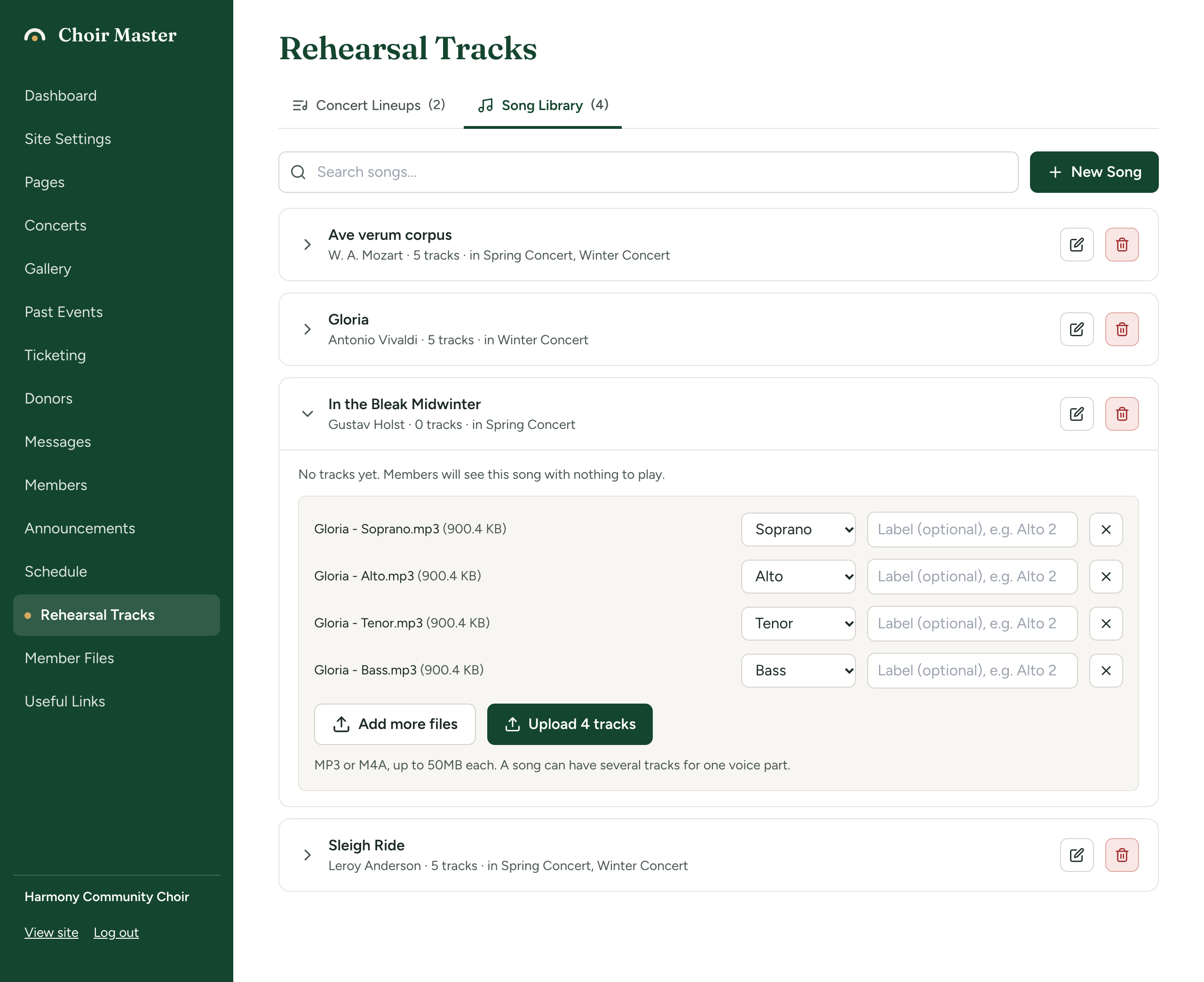 A song open in the Song Library with four audio files waiting to upload, each with a voice part chosen from its file name and an empty label box