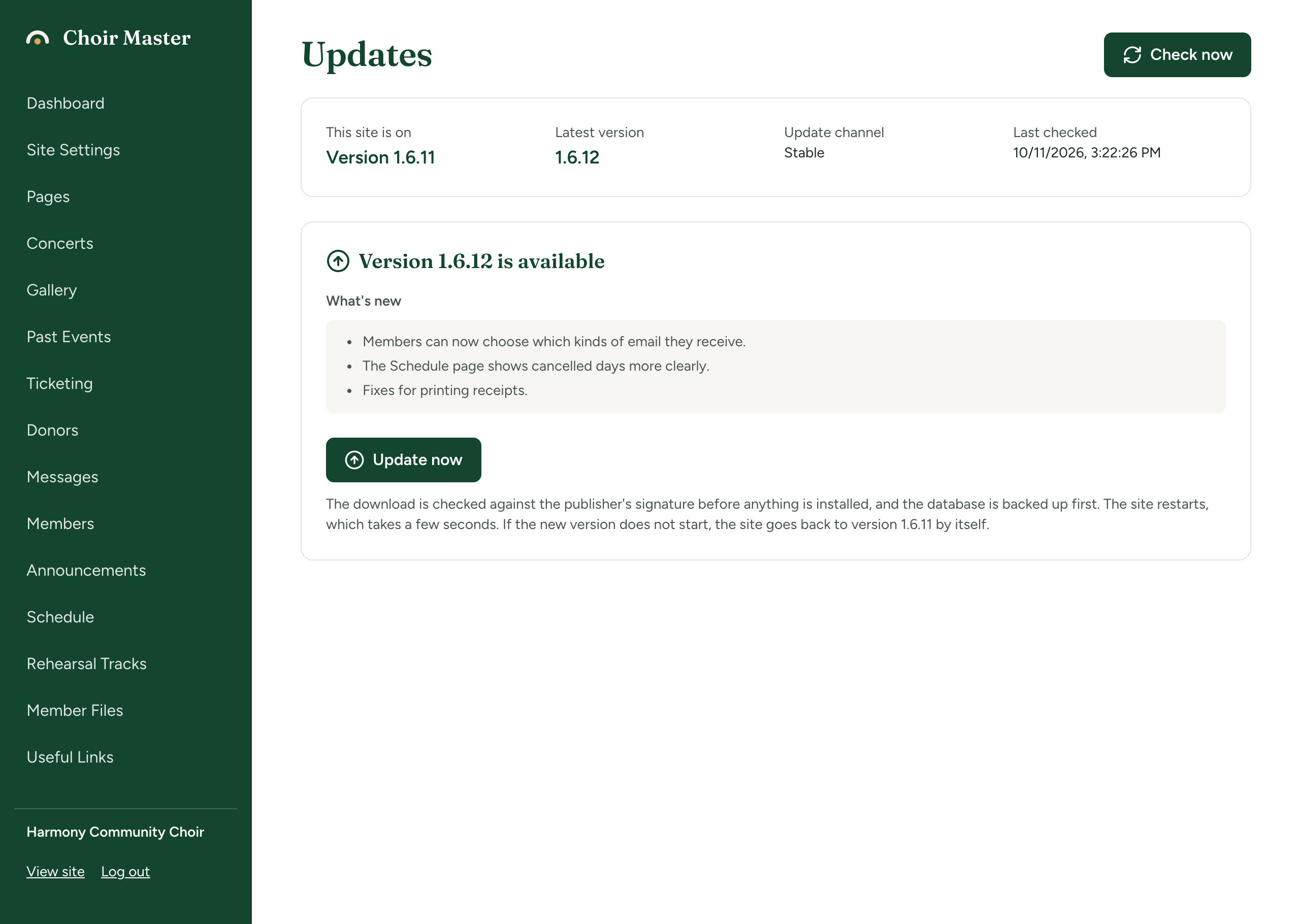 The Updates page showing 'Version 1.6.12 is available', the What's new notes and the Update now button