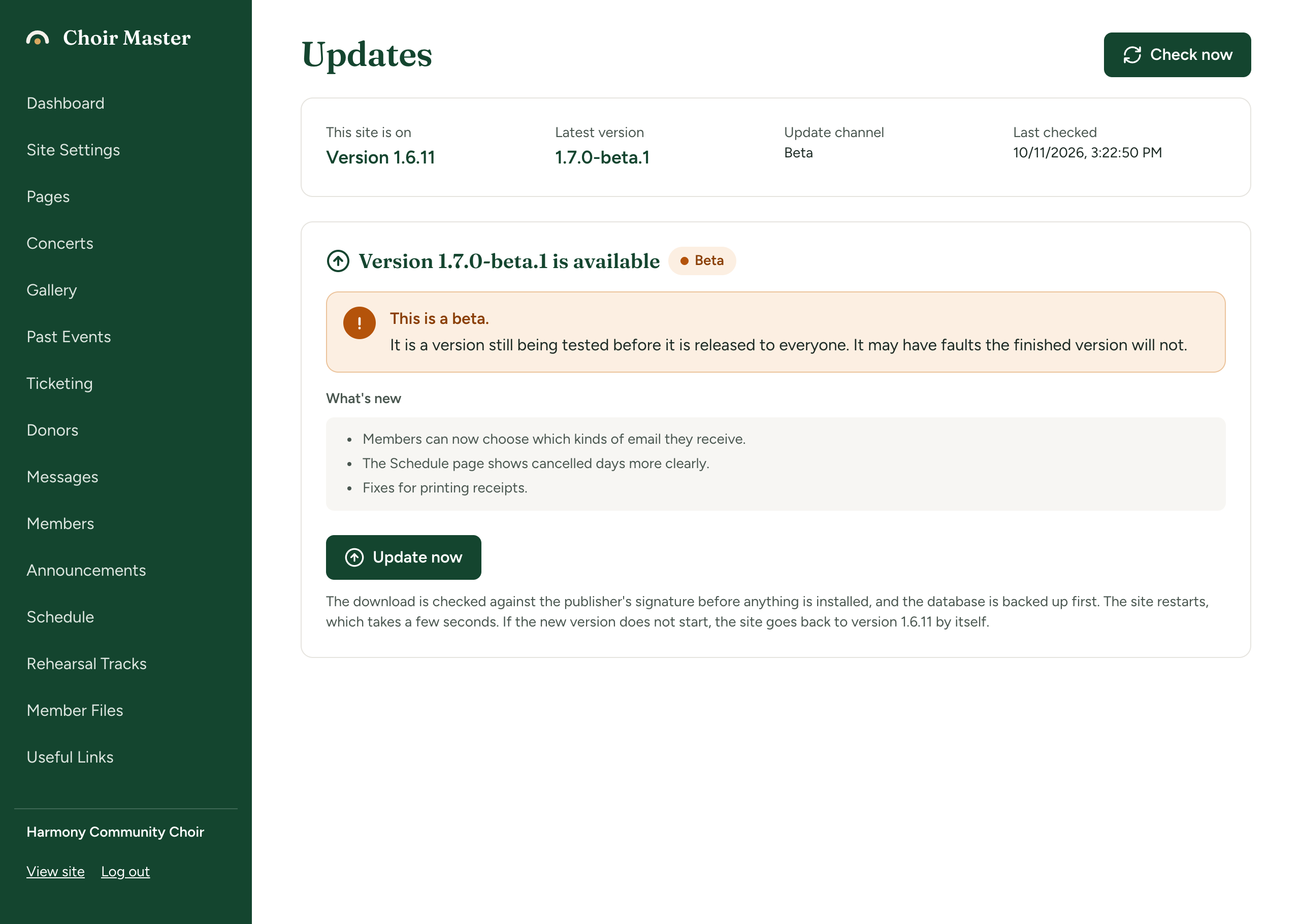 The Updates page of a site on the beta channel, with the Beta label on the version and the amber warning 'This is a beta.'