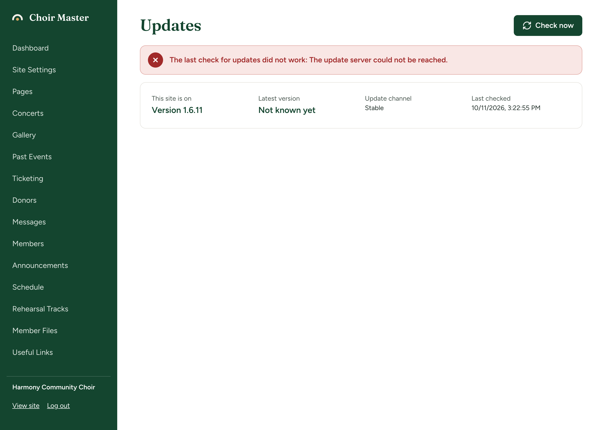 The Updates page showing the red banner 'The last check for updates did not work: The update server could not be reached.'