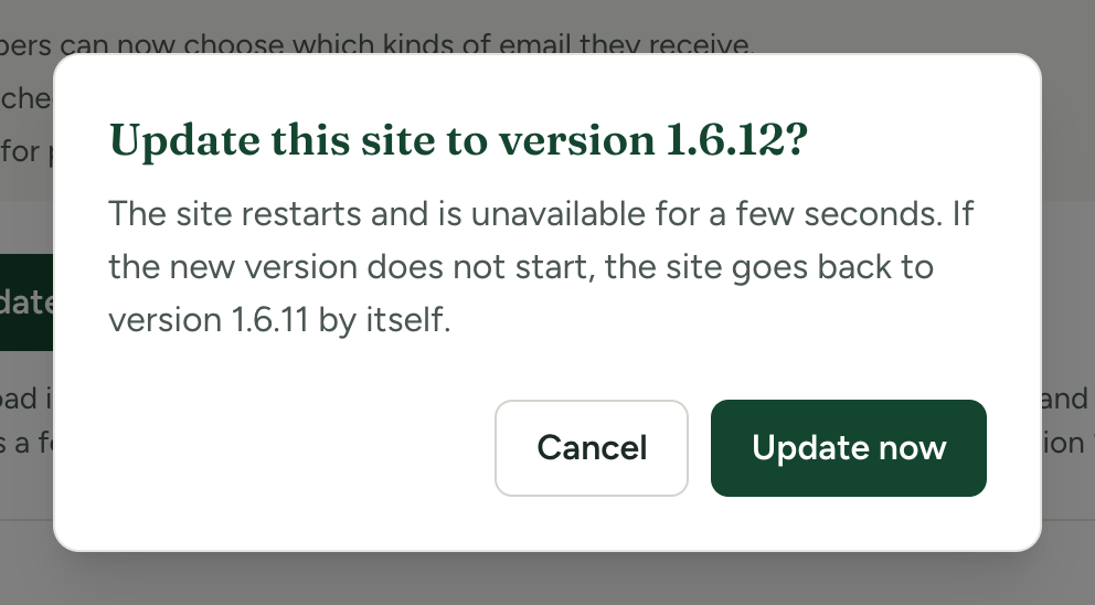 The question 'Update this site to version 1.6.12?' with Cancel and Update now buttons