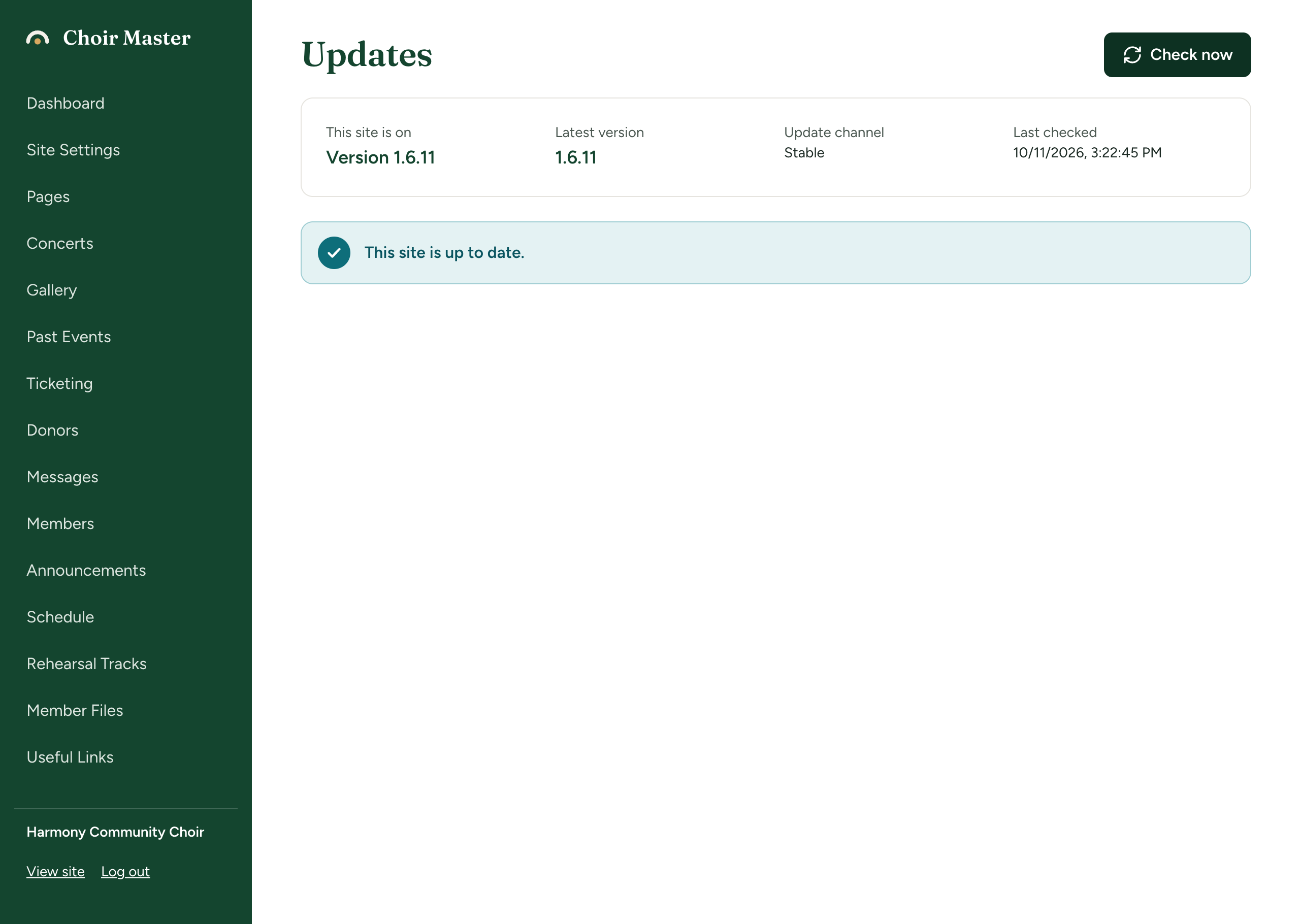 The Updates page with the summary panel and the green message 'This site is up to date.'