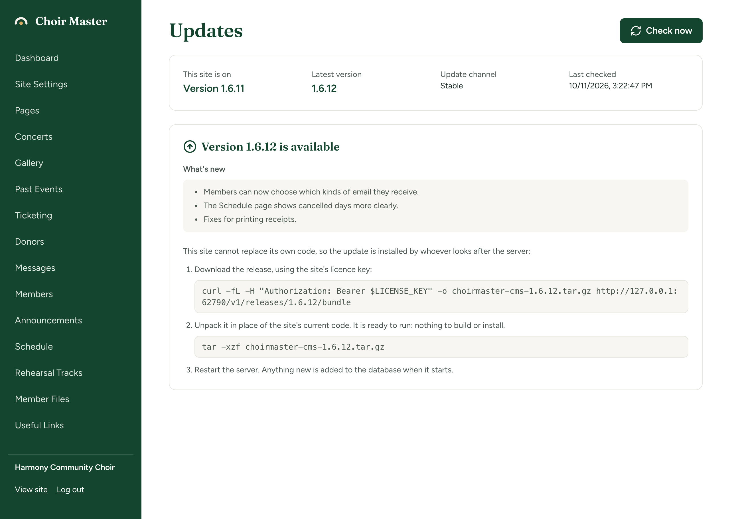 The Updates page of a Node site that cannot update itself, showing the numbered manual steps with the download command