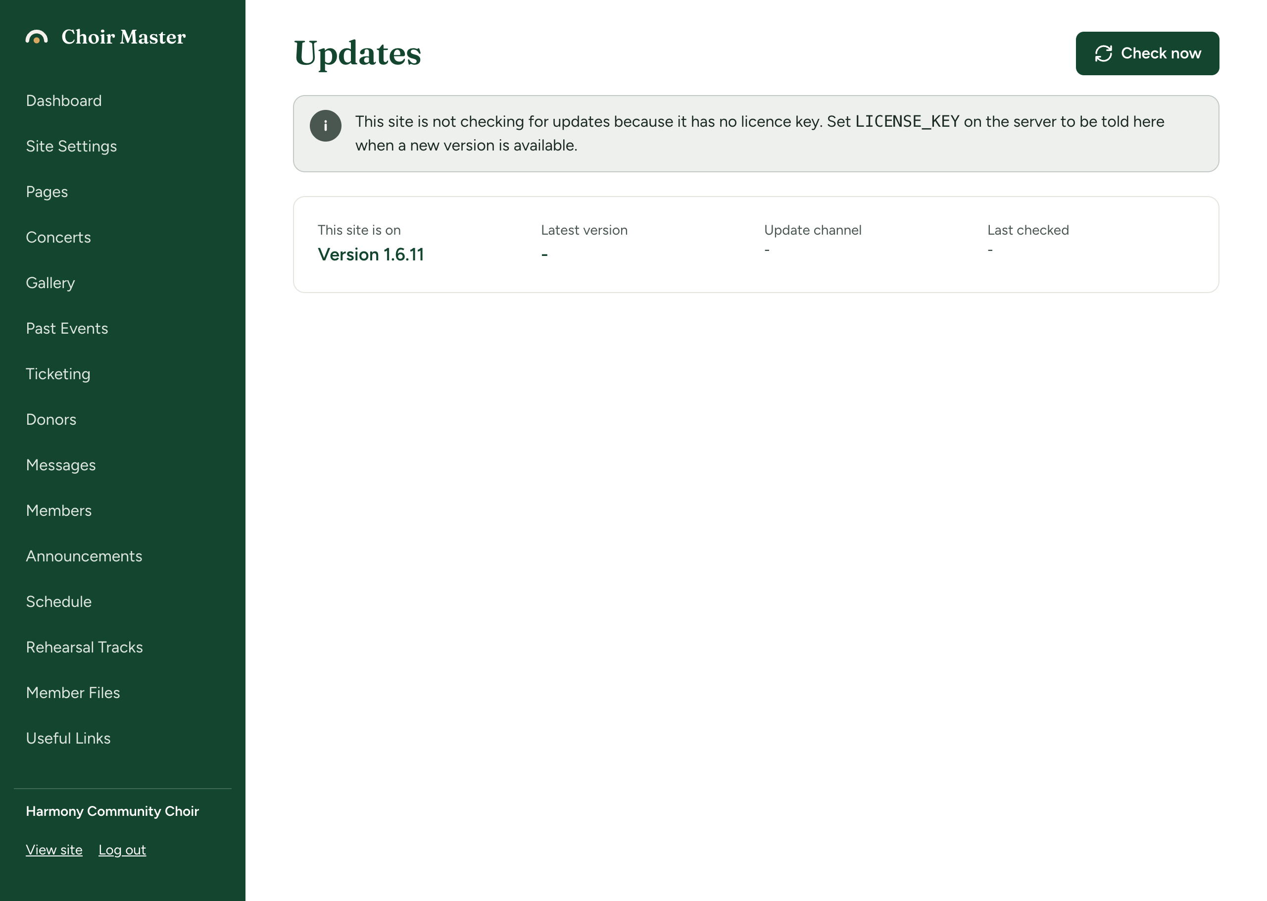 The Updates page of a site with no licence key, showing the blue note about setting LICENSE_KEY