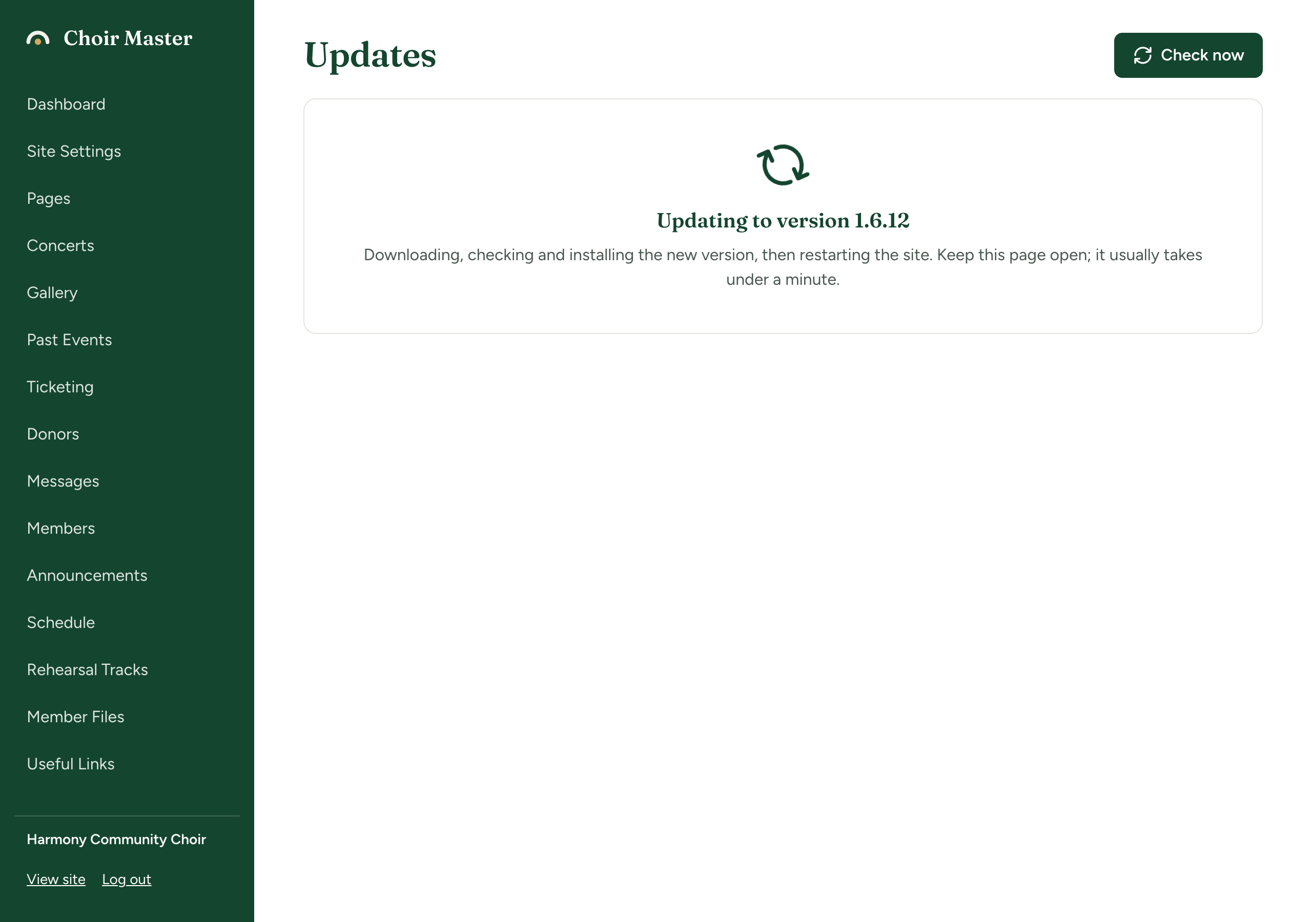 The 'Updating to version 1.6.12' screen with a spinning icon