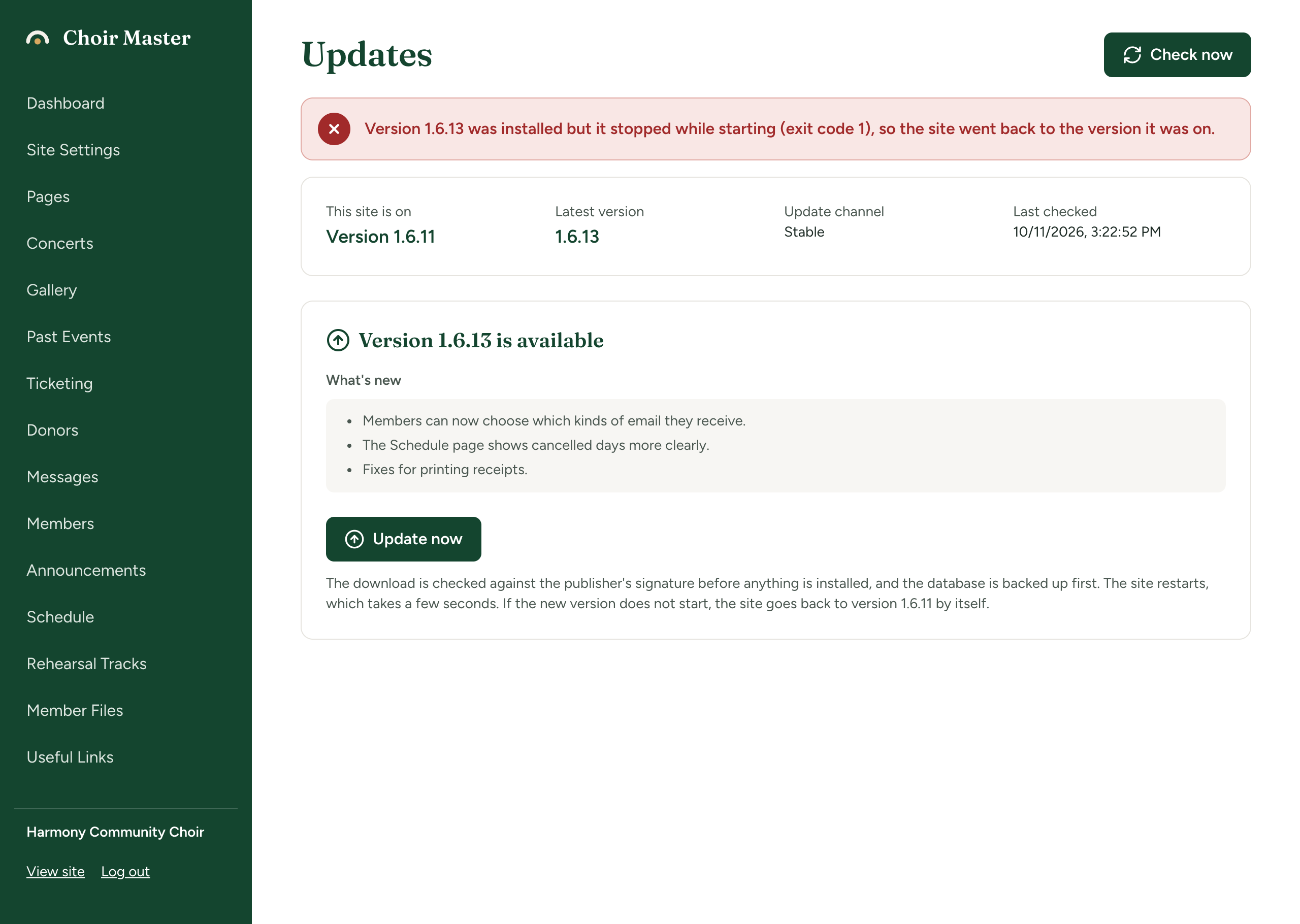 The Updates page after a failed install, with the red message that the site went back to the version it was on