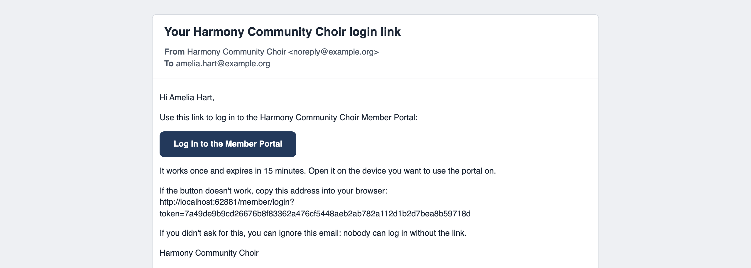 The login link email as it arrives, with a greeting, a button to log in to the member portal and a line saying it works once and expires in 15 minutes