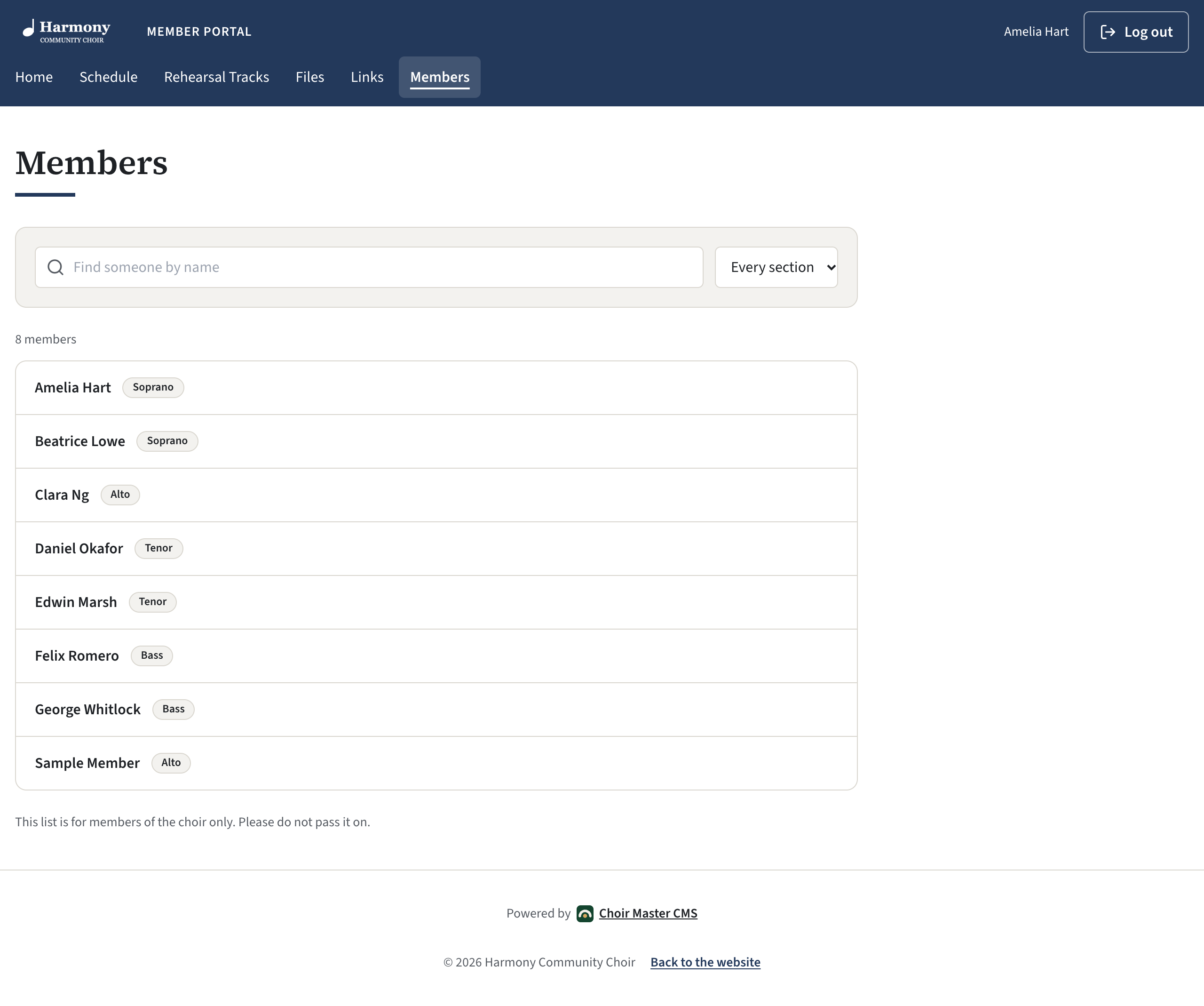 The Members page of the member portal, listing names with a section tag beside each, a search box and a section filter