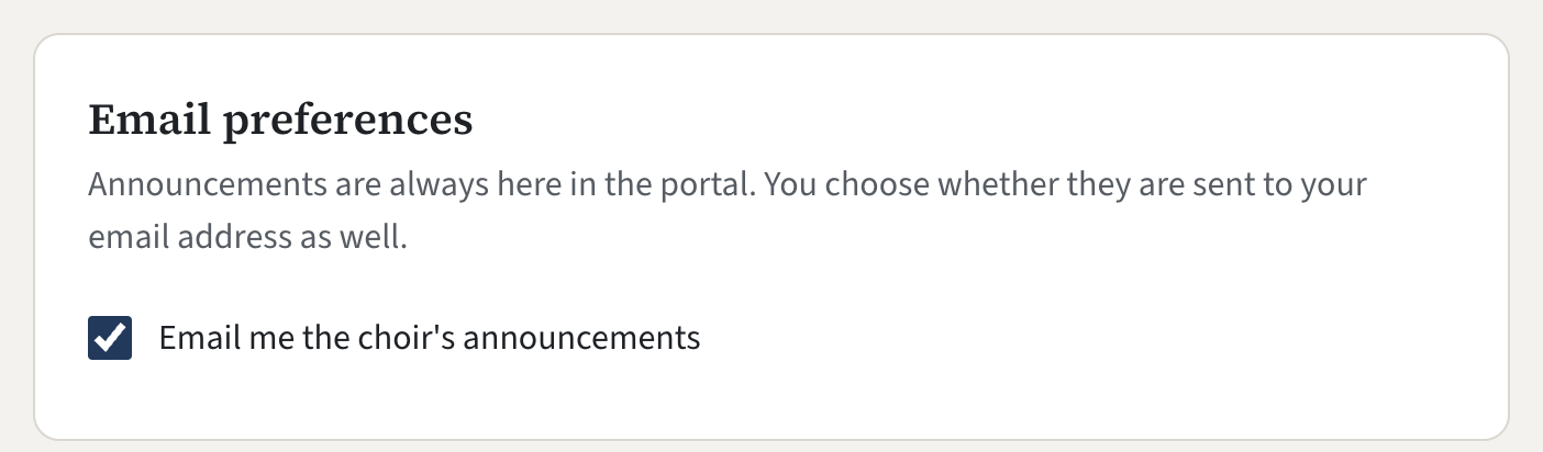 The Email preferences card on the Home page of the member portal, with the tick box Email me the choir's announcements