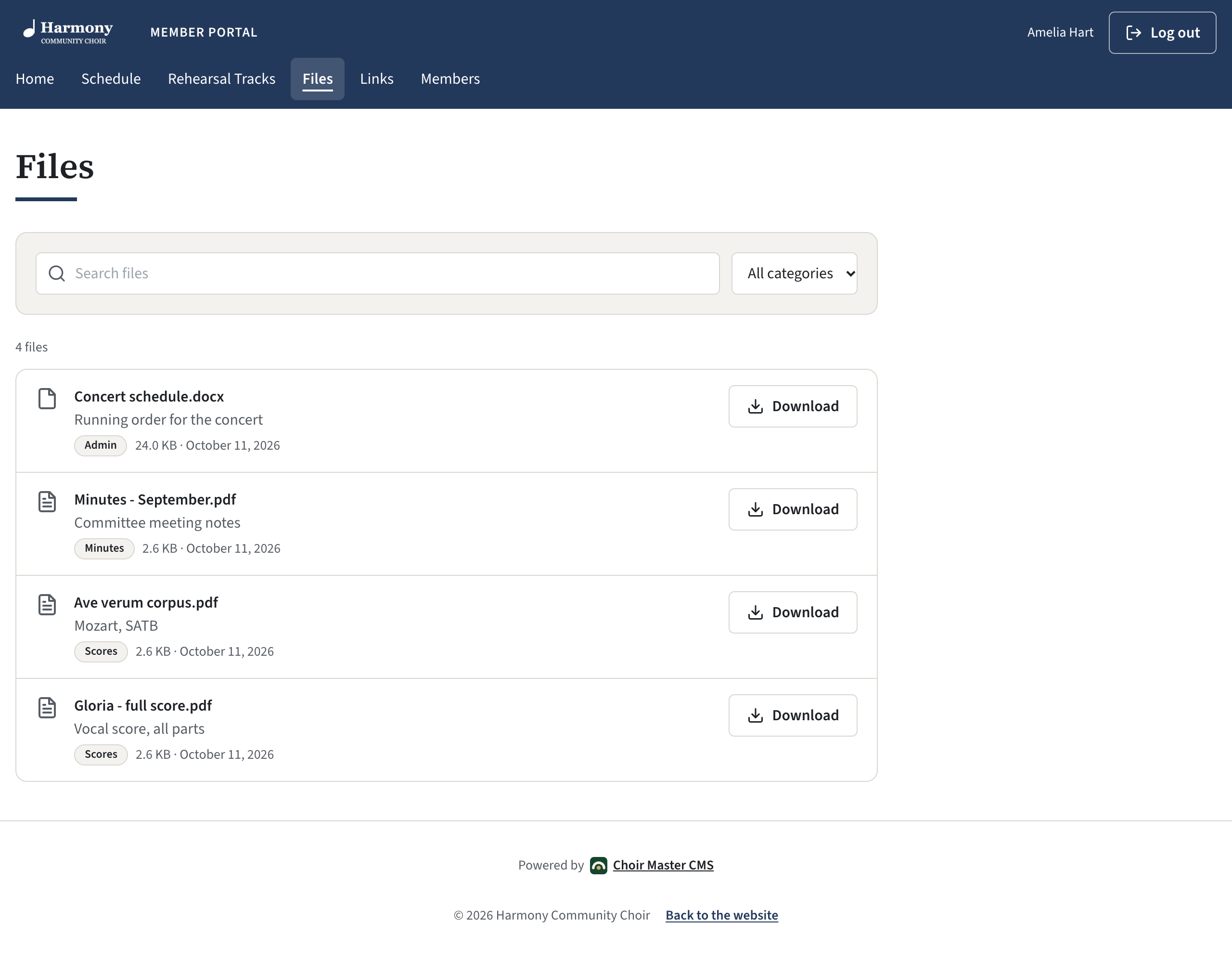 The Files page of the member portal, with a search box, a category box and a list of files each with a Download button