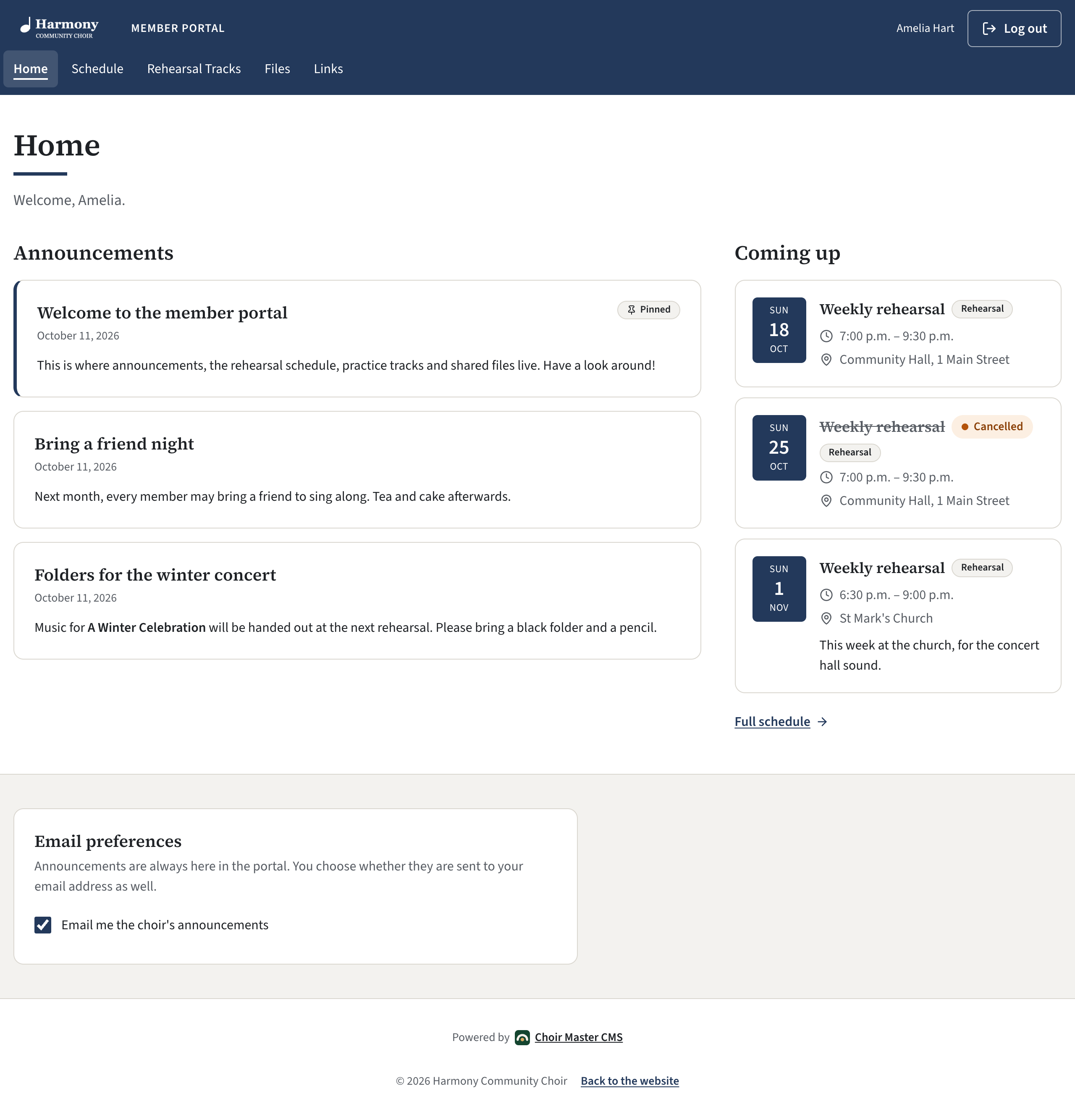 The Home page of the member portal, with a pinned announcement on the left and three coming events on the right