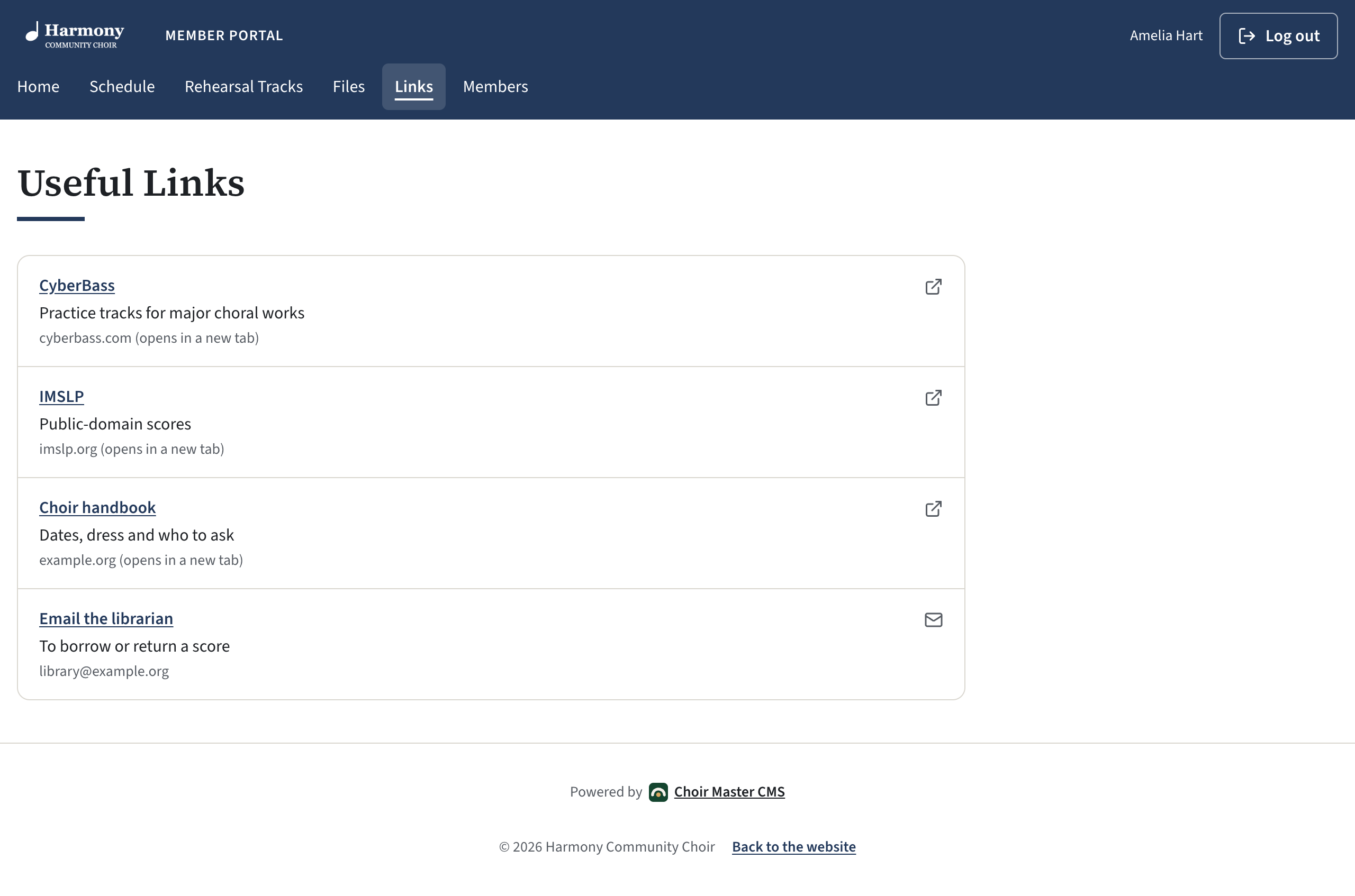 The Useful Links page of the member portal, listing links with their titles, descriptions and the websites they go to