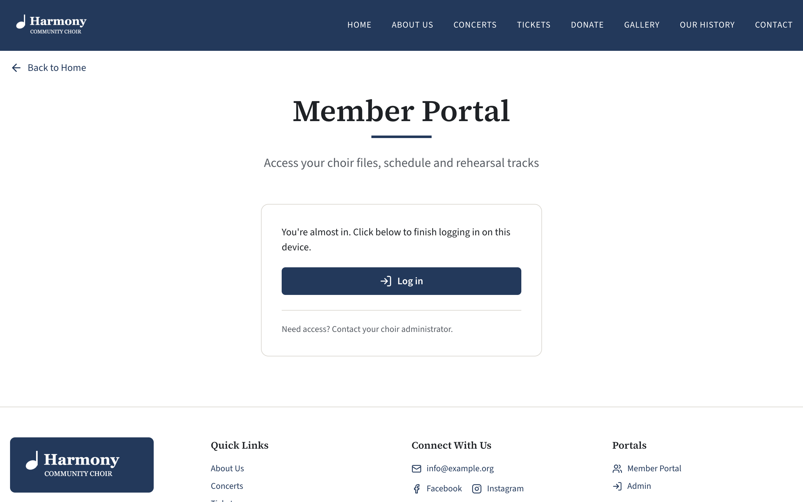 The page that opens from the login link, saying You're almost in, with the Log in button