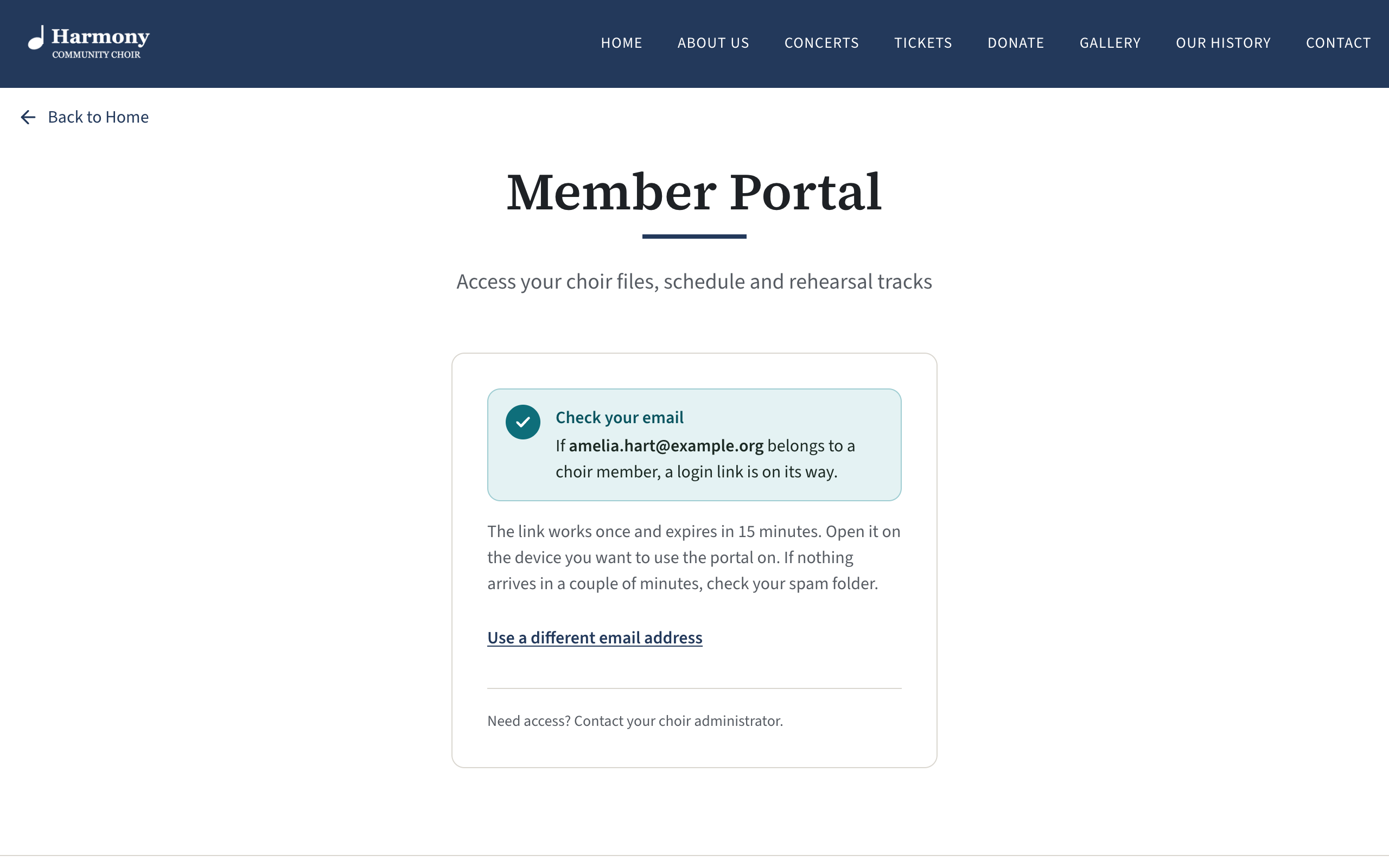 The login page after asking for a link, headed Check your email and saying the link works once and expires in 15 minutes