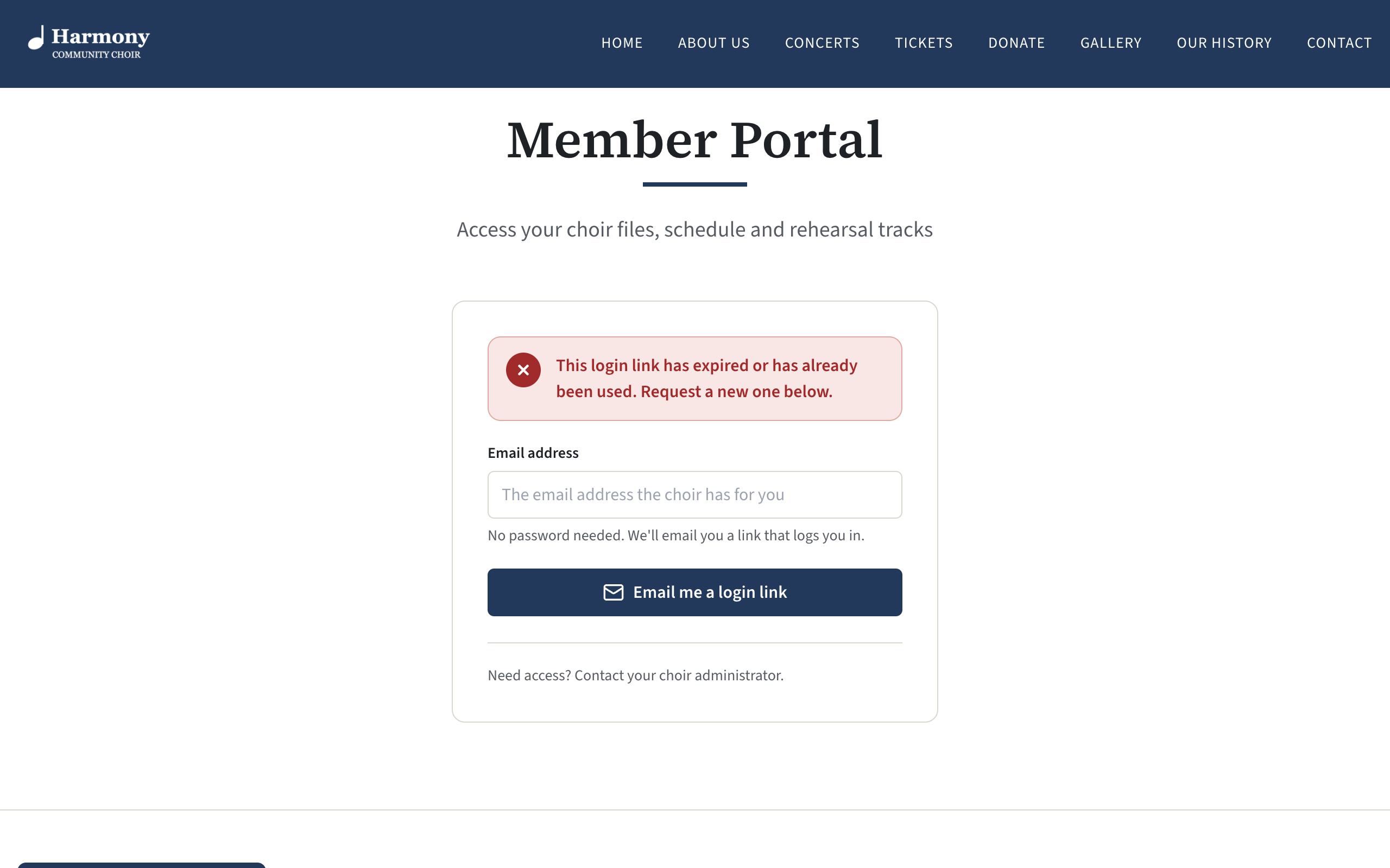 The member login page showing the message This login link has expired or has already been used. Request a new one below.