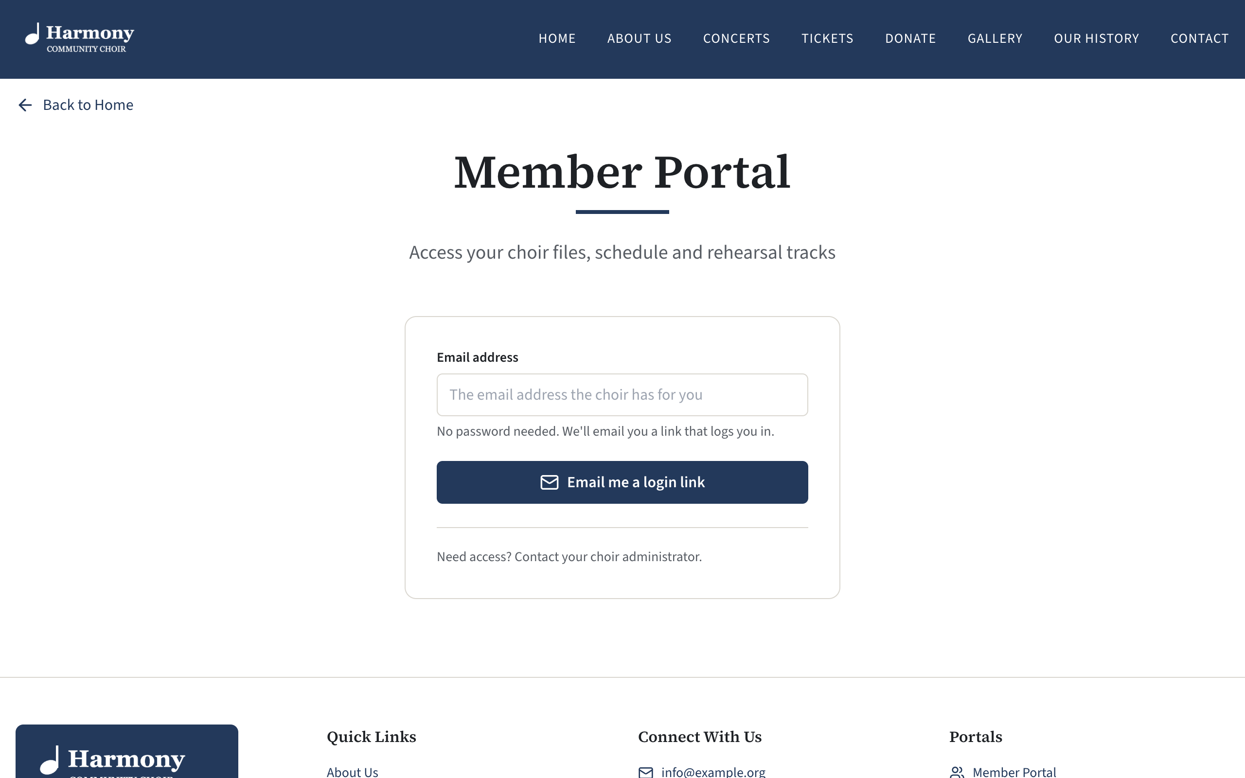 The member portal login page, with the Email address box and the button Email me a login link