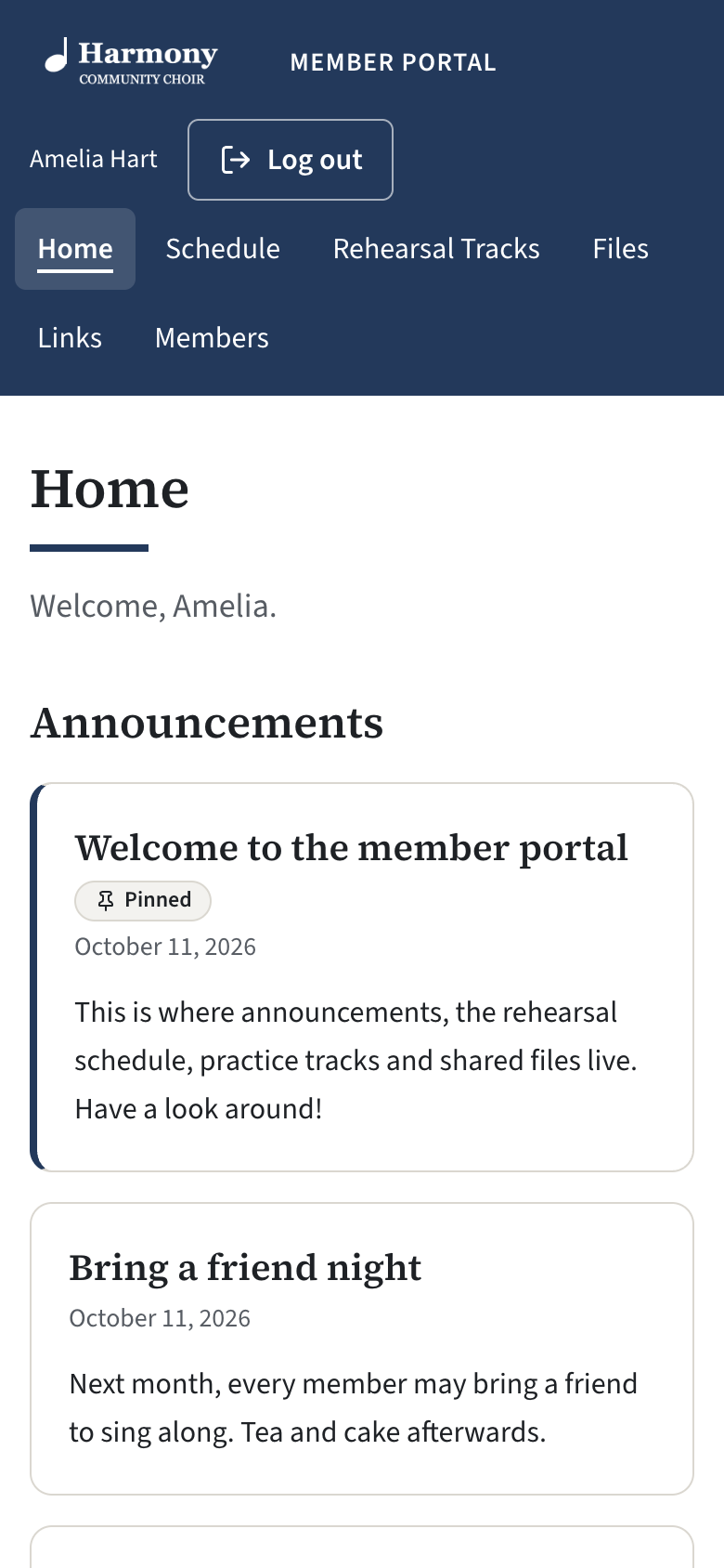 The member portal on a phone, showing the menu entries wrapped into rows under the choir's name