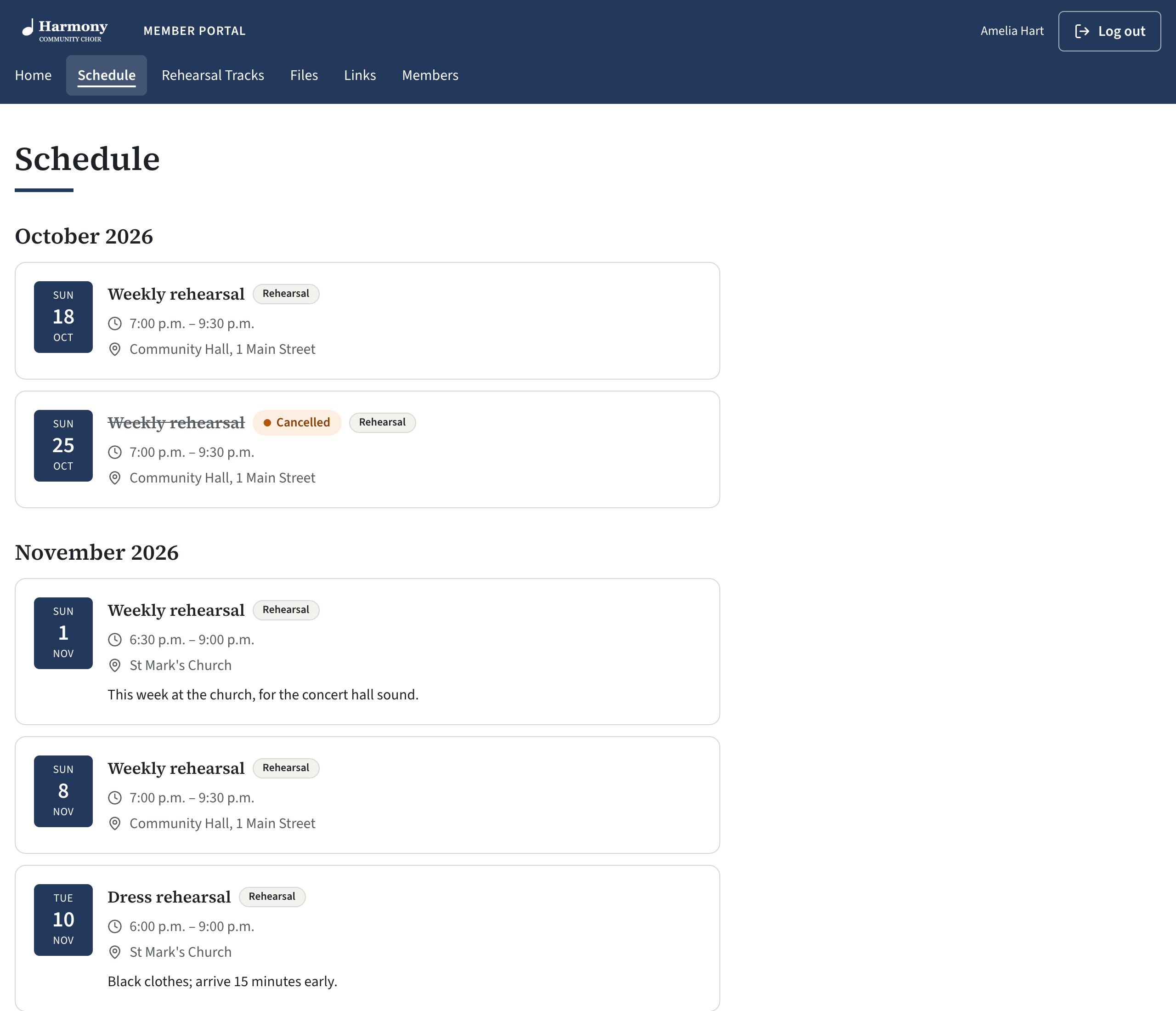The Schedule page of the member portal showing a rehearsal with its title struck through and a Cancelled label