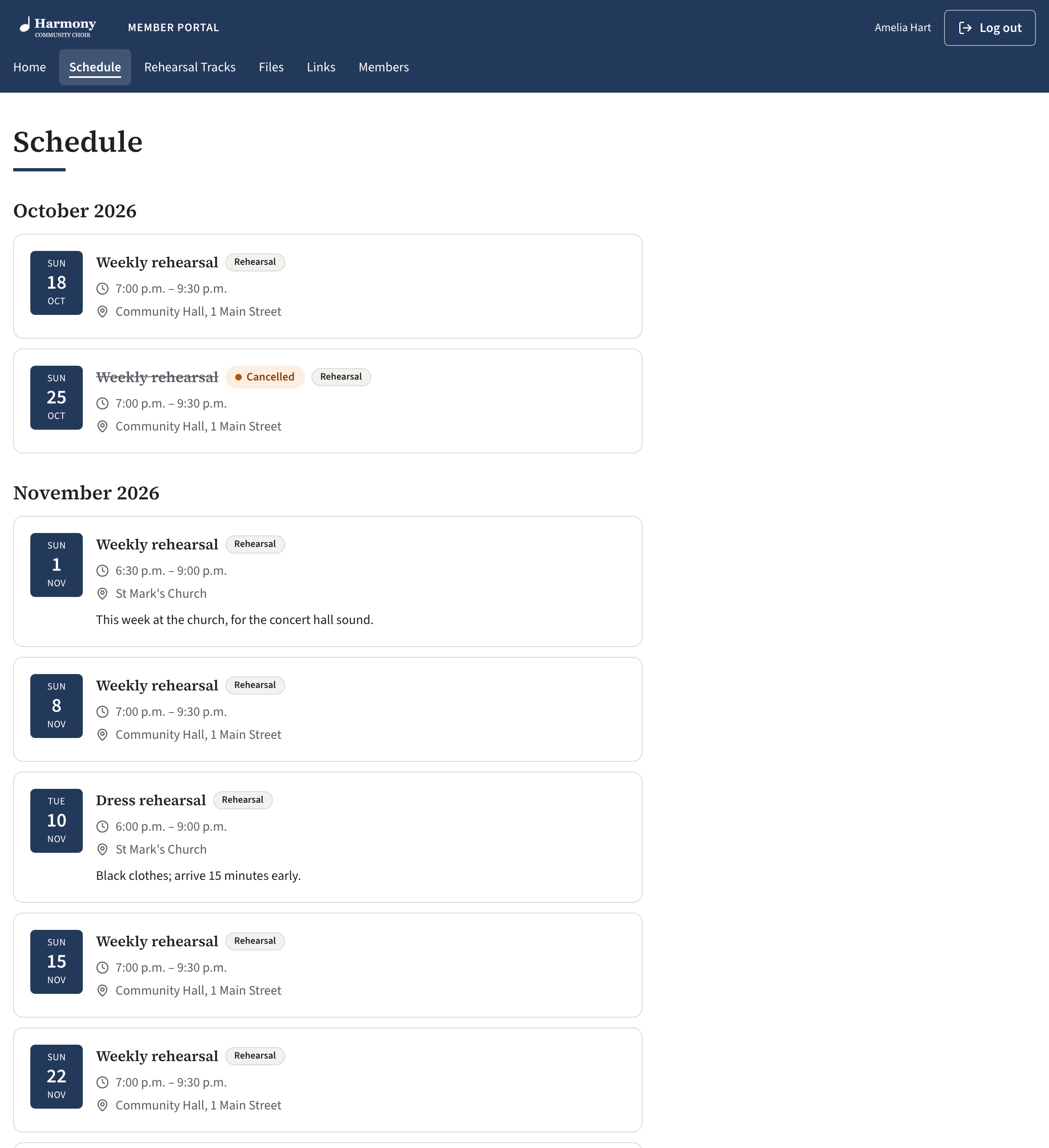 The Schedule page of the member portal, with rehearsals and a concert grouped under a heading for each month