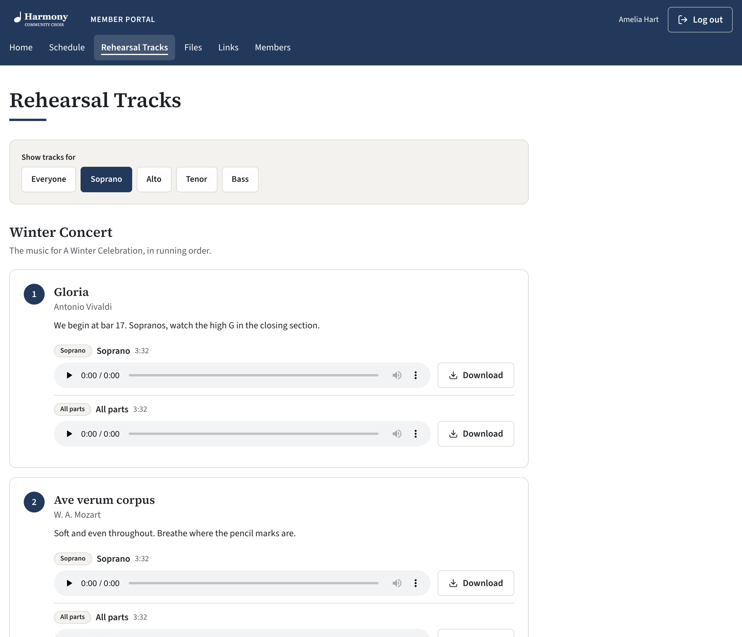 The Rehearsal Tracks page of the member portal, with the buttons under Show tracks for, and a song with a player and a Download button for each track