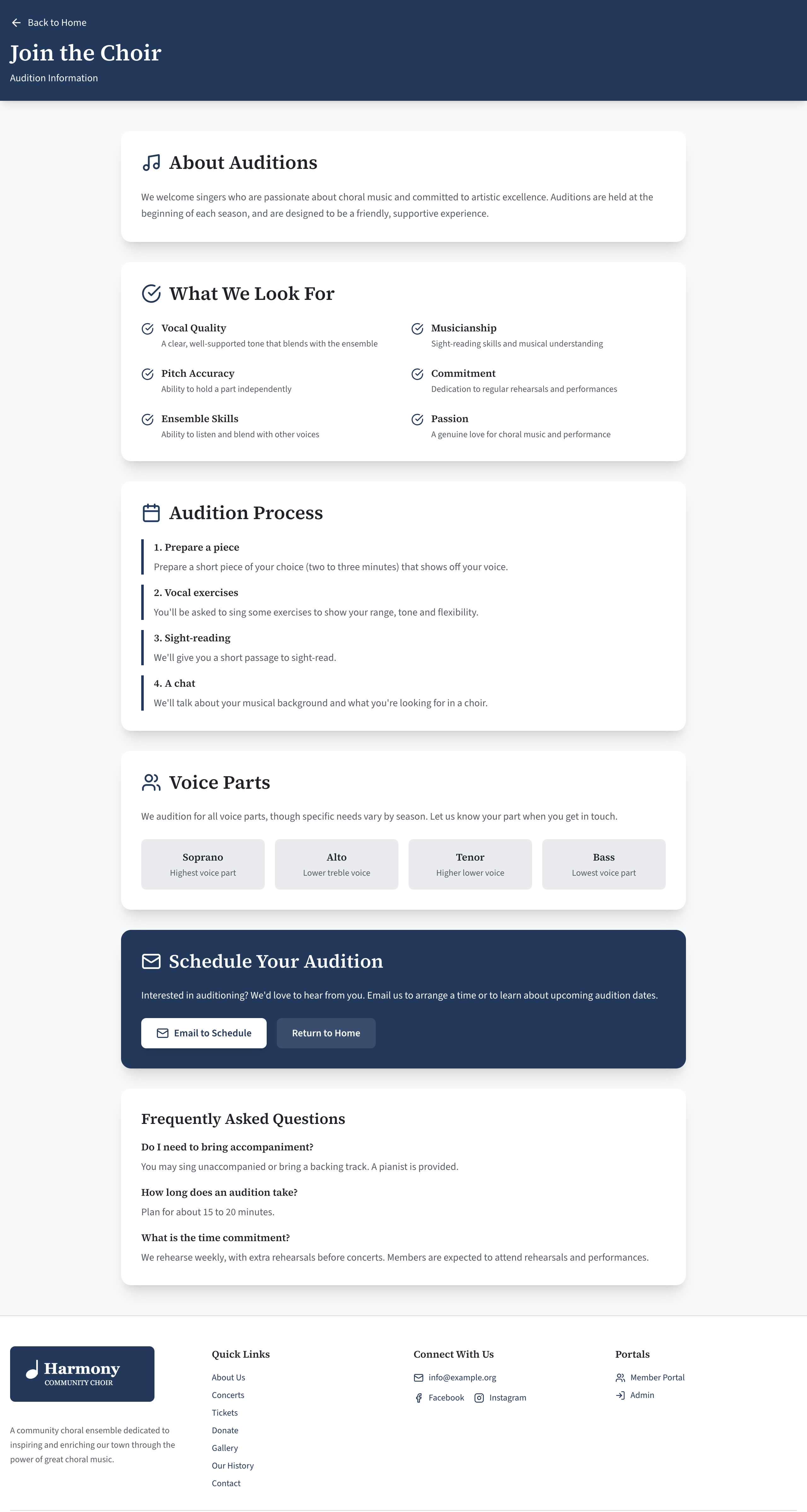 The public Auditions page: a coloured band with the heading and subheading, then white boxes for About Auditions, What We Look For, Audition Process and Voice Parts, a coloured box with the Email to Schedule button, and the questions at the foot