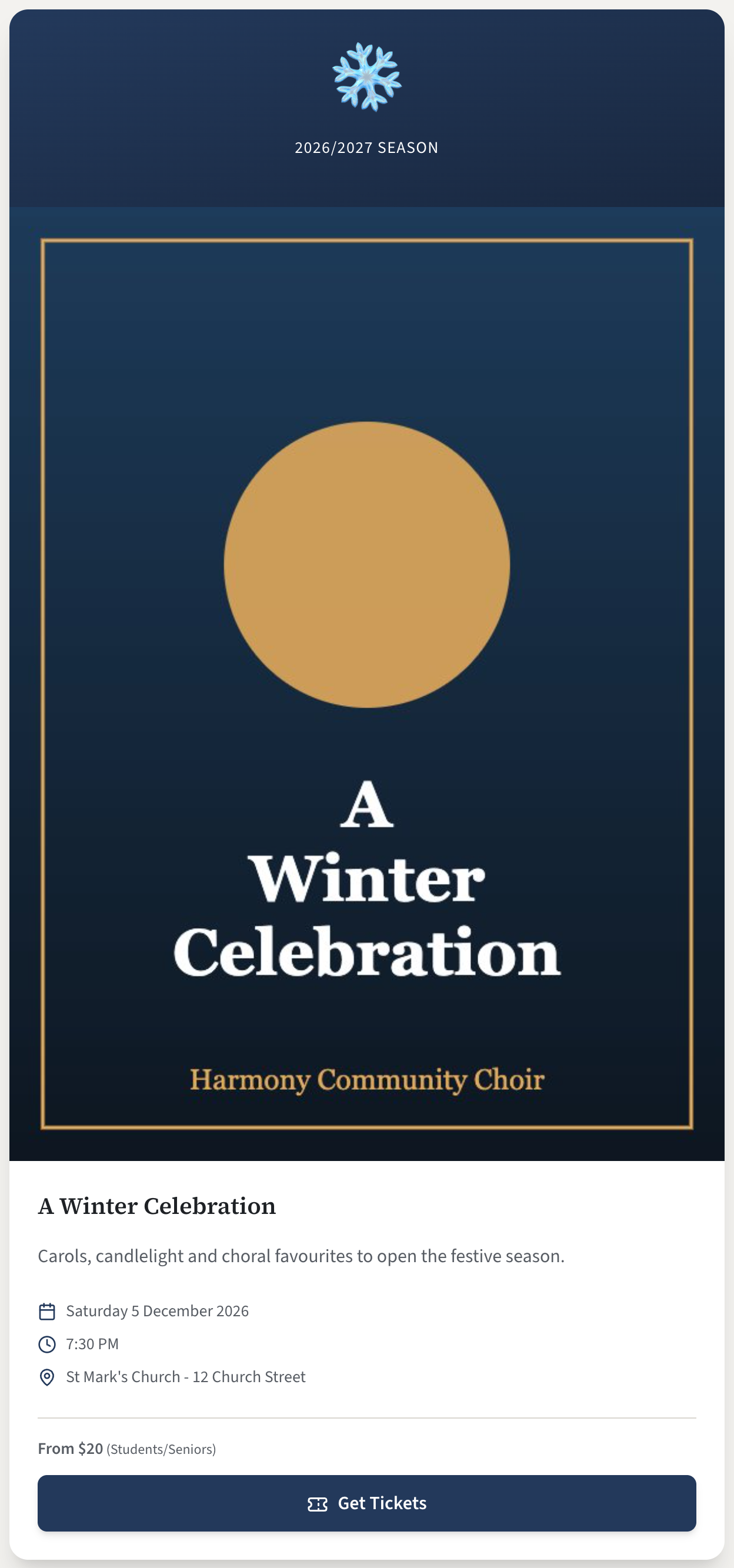 A concert card on the public home page with its poster, details, lowest price and the Get Tickets button