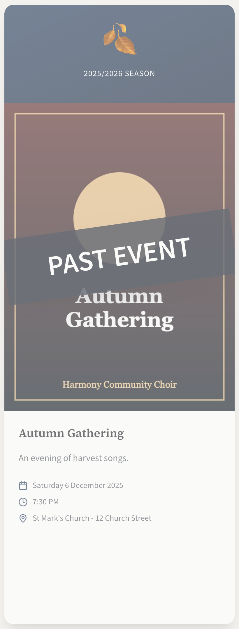 A dimmed concert card on the public site with PAST EVENT written across its poster