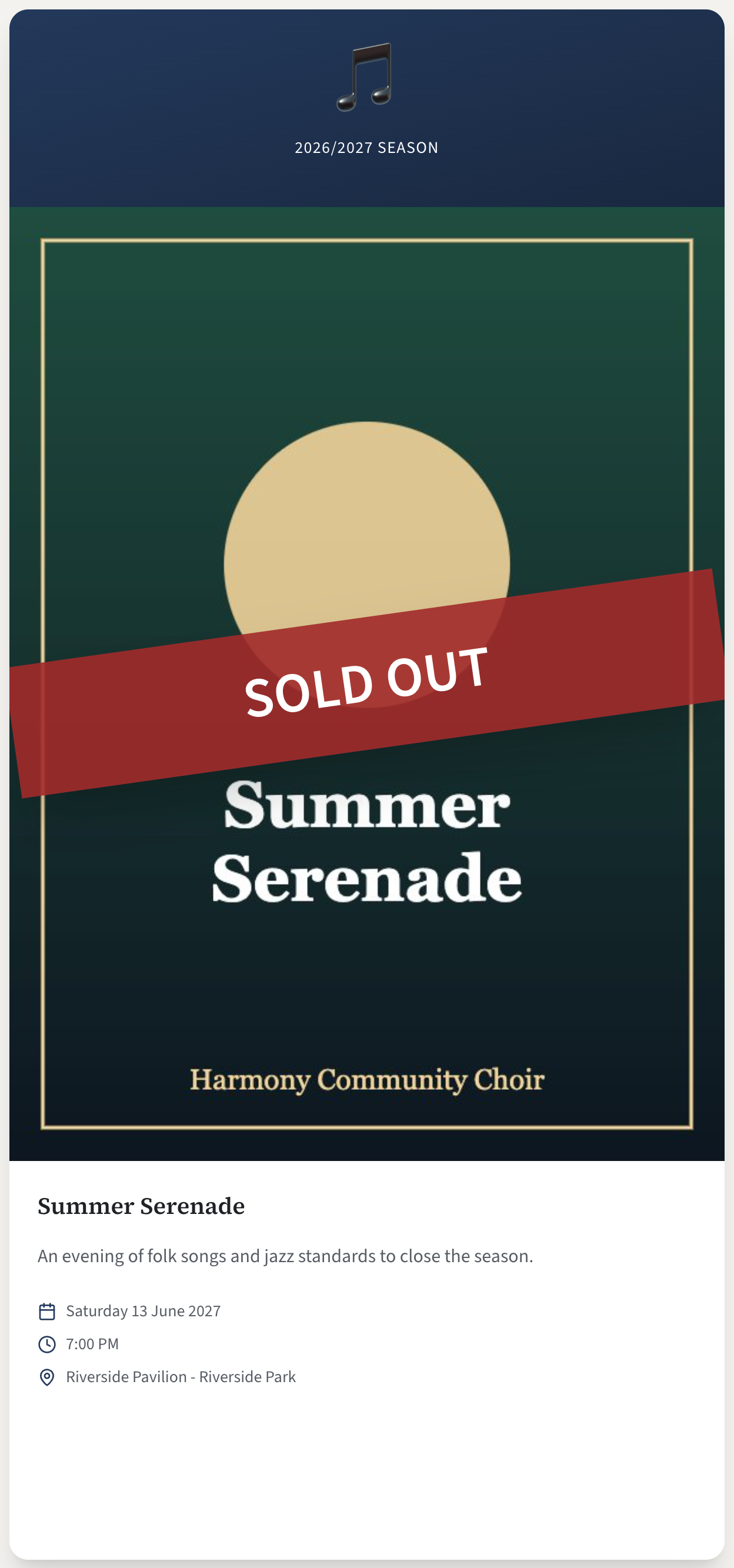 A concert card on the public site with SOLD OUT written across its poster and no Get Tickets button