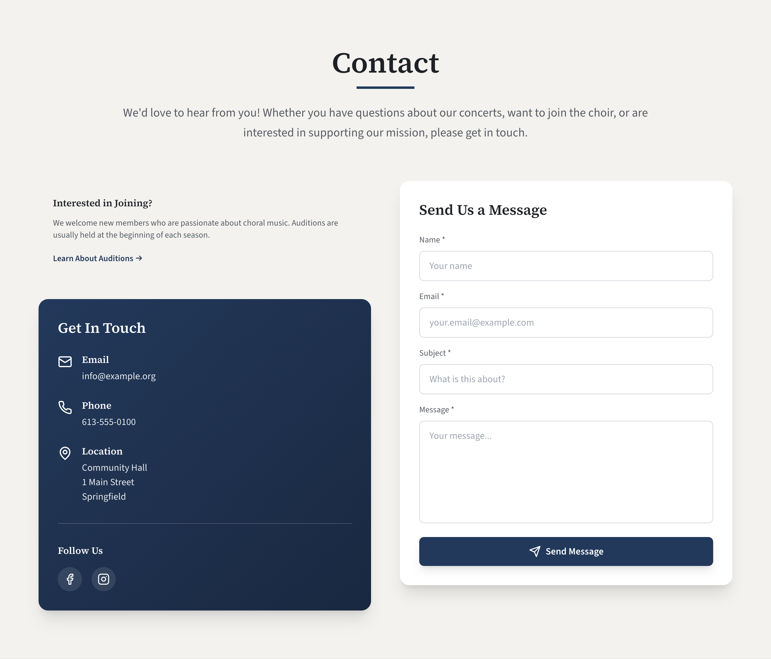 The public Contact section: on the left the Join us box and a coloured Get In Touch box with email, phone, location and round social media icons, and on the right the message form with Name, Email, Subject and Message boxes and the Send Message button