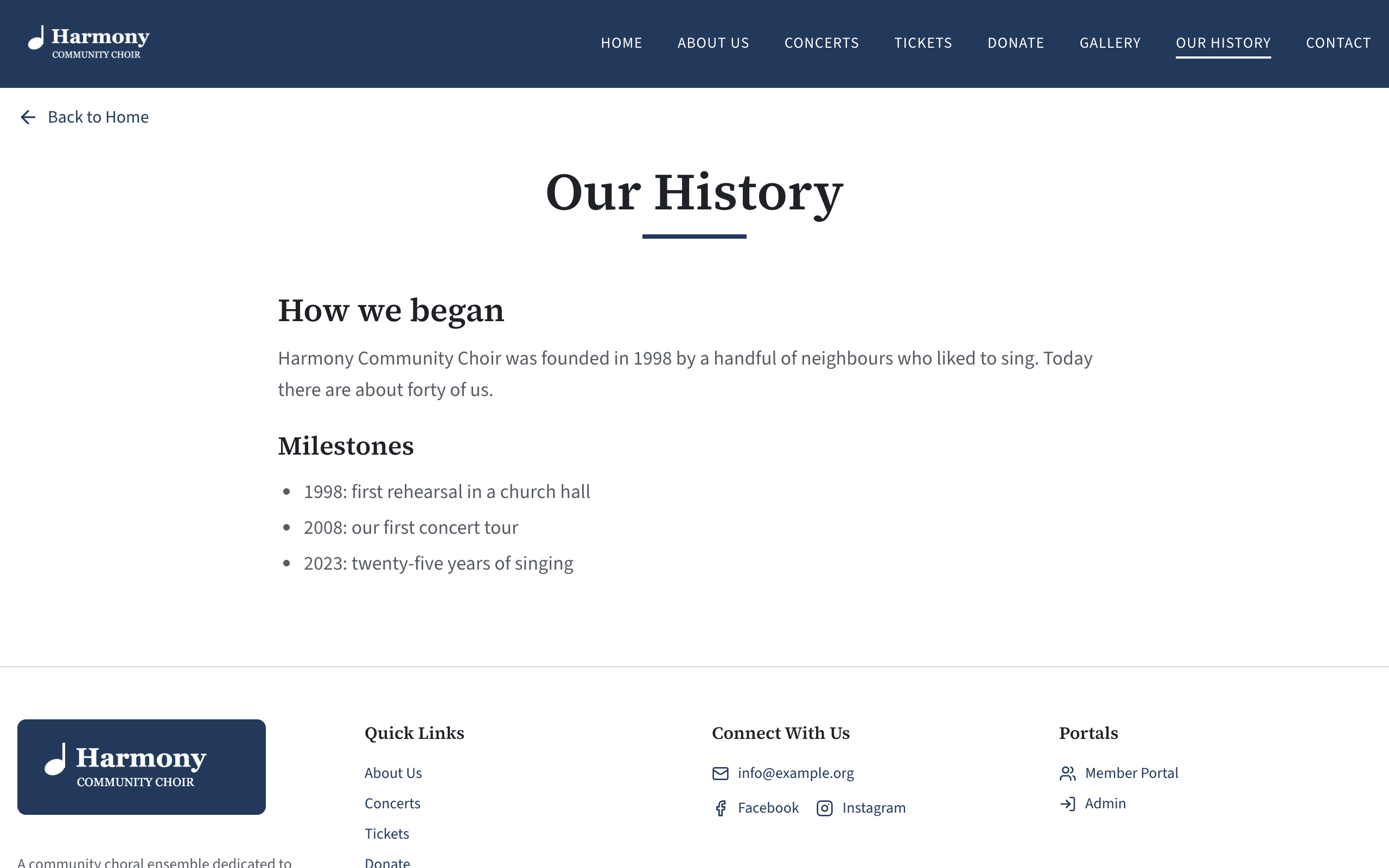 A page made in Pages on the public site, with its own item in the top menu, a Back to Home link, its title and its text