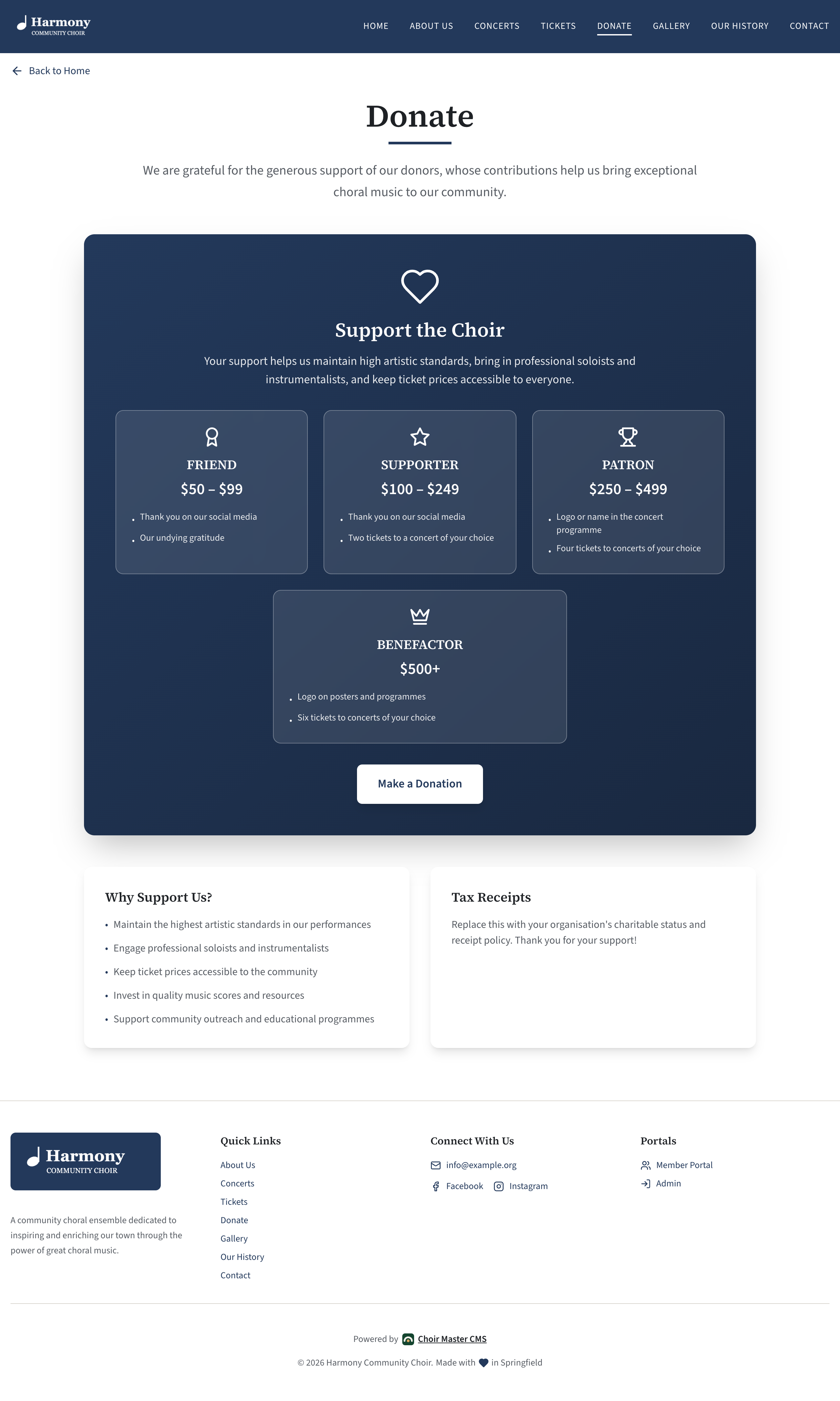 The public Donate page: the heading, a coloured donation box with four giving levels and a Make a Donation button, and below it the 'Why Support Us?' and 'Tax Receipts' boxes