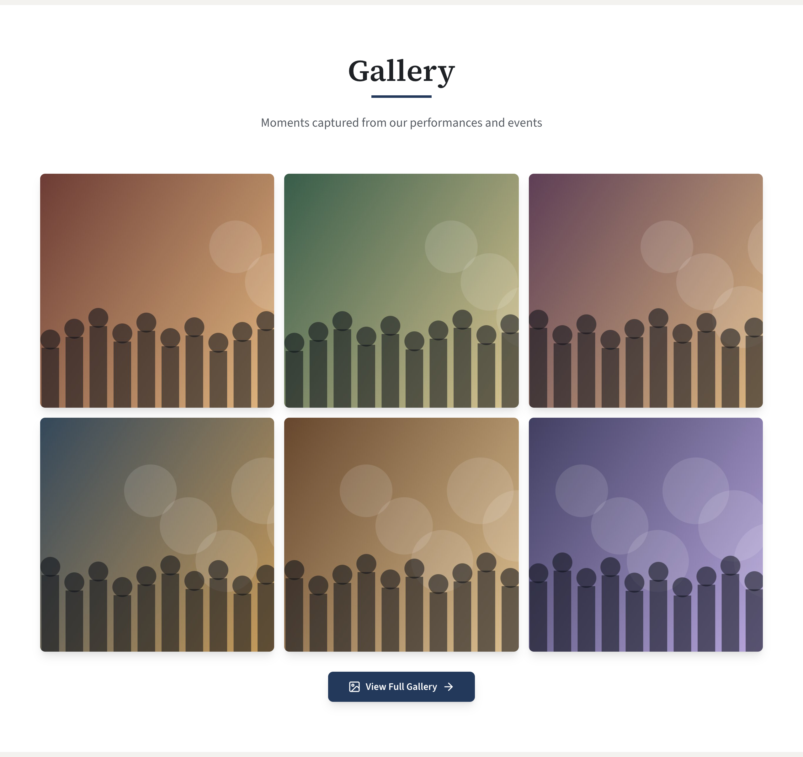 The gallery preview on the public home page: a heading, a line of text, a grid of six square pictures and the View Full Gallery button