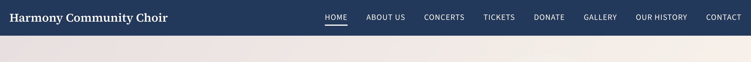 The menu bar of the public site with the choir's name in the heading font where a logo would be