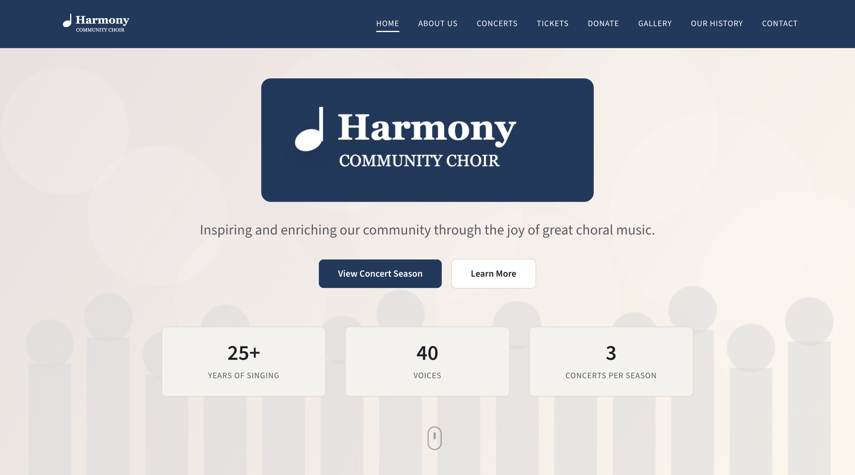 The top of the public home page: the choir's logo, a headline under it, a welcome line, two buttons side by side, and a row of three statistics