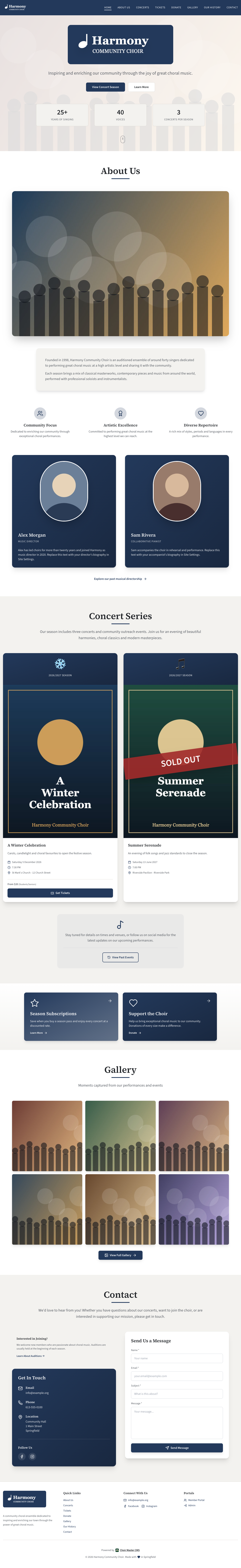The whole public home page, from the menu bar at the top to the footer, showing the hero, About, Concerts, promo boxes, gallery preview, Contact and footer in order