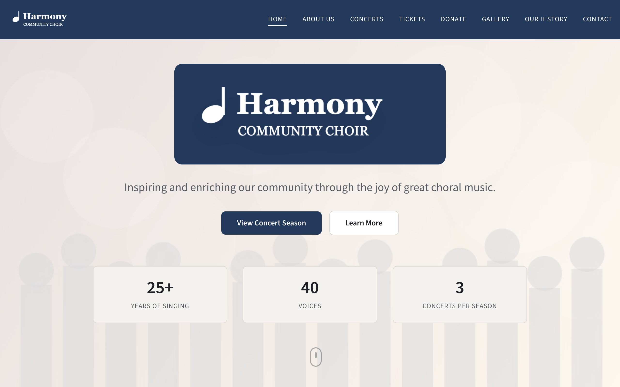 The home page of a sample choir's website made with Choir Master CMS