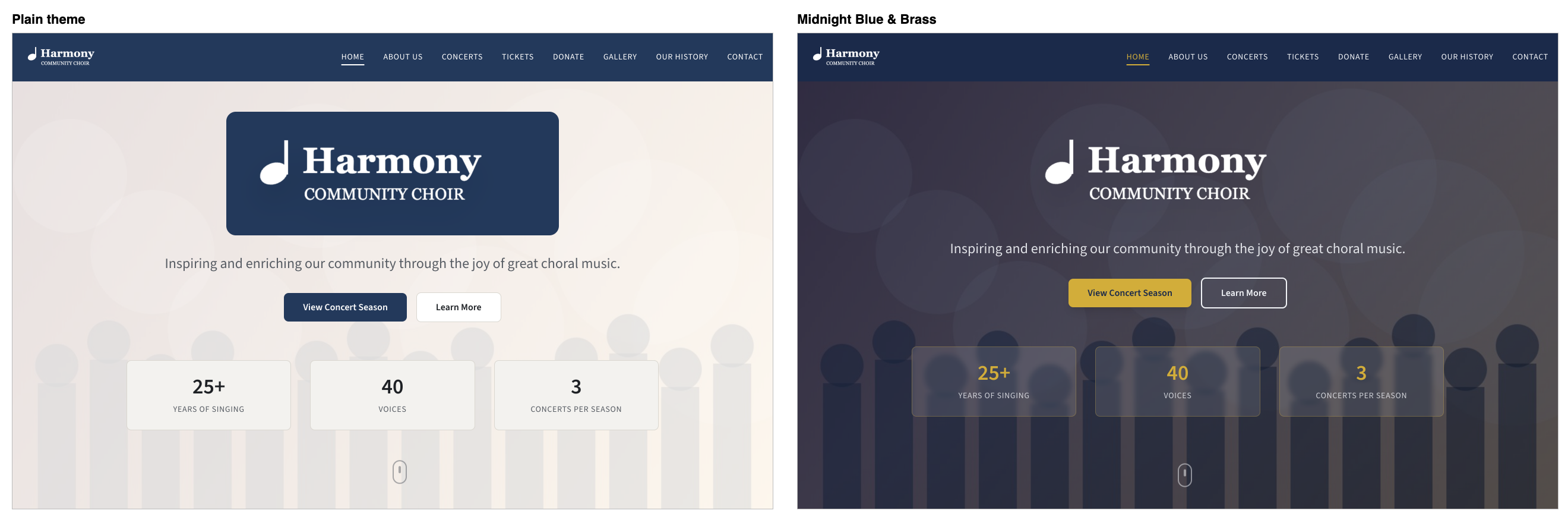 The top of the public home page twice, side by side: on the left in the Plain theme with a white page under a band of colour, on the right in a four-colour palette with a dark coloured top