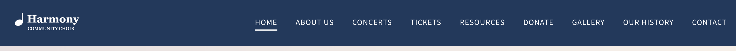The top menu of a choir's site with every item showing: Home, About Us, Concerts, Tickets, Resources, Donate, Gallery, a page of the choir's own, and Contact