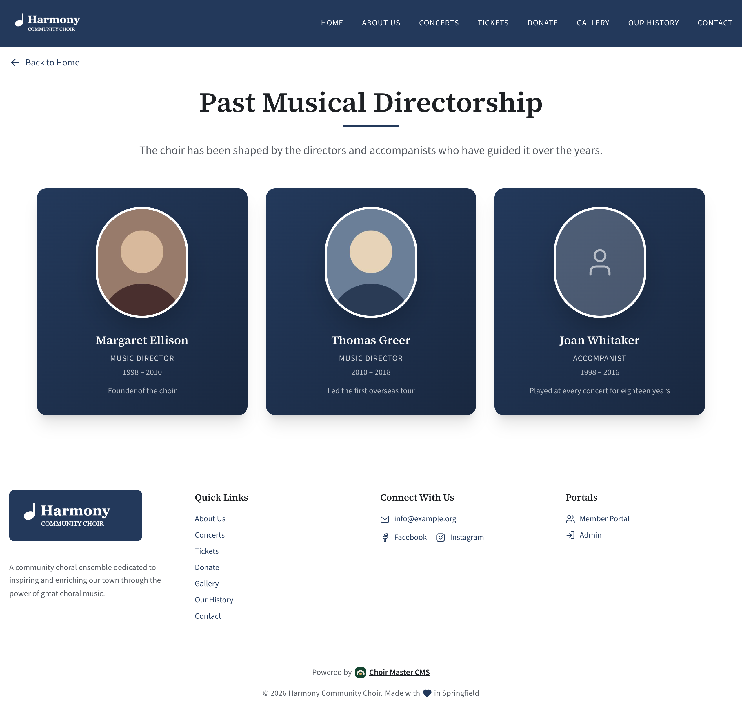 The public Past Directors page: a heading and introduction, then a row of cards, each with a round photo or an outline of a person, a name, a role, the years served and a short note