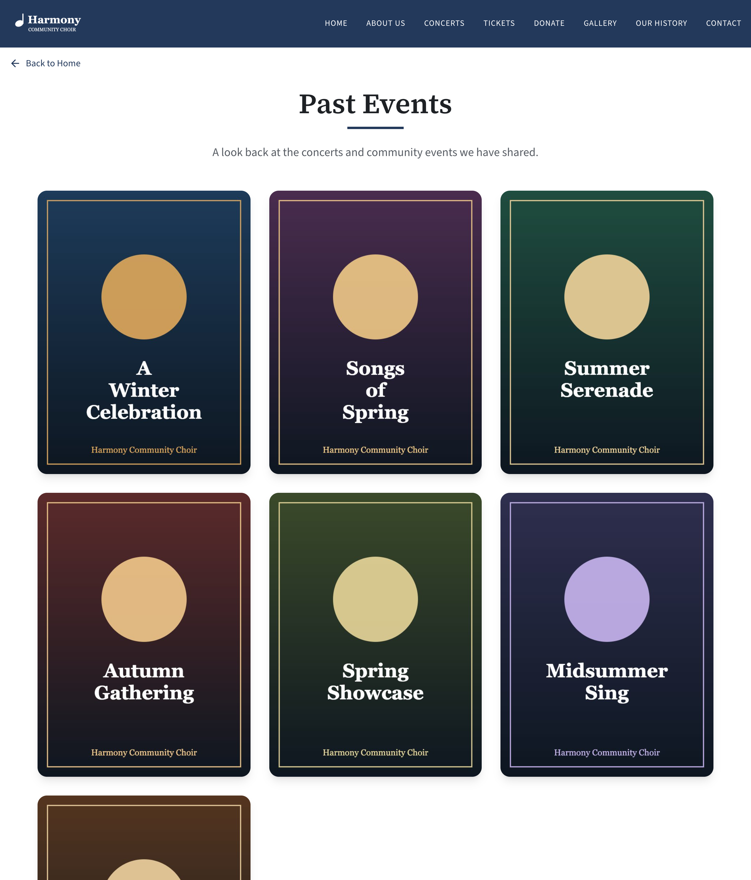 The public Past Events page: a grid of concert posters under a heading and introduction